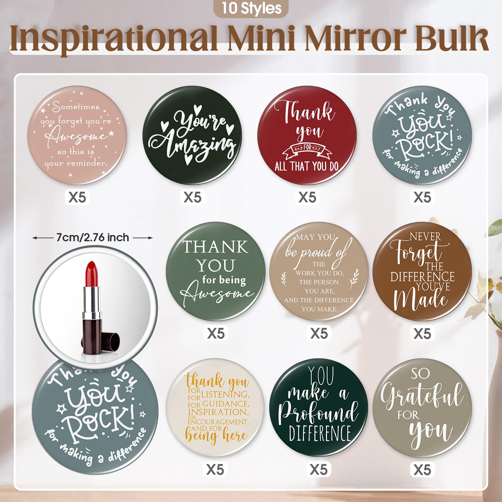 Thyle 50 Pcs Inspirational Compact Mirror Bulk Employee Appreciation Gift 2.76'' Round Portable Pocket Mirror Thank You Gift for
