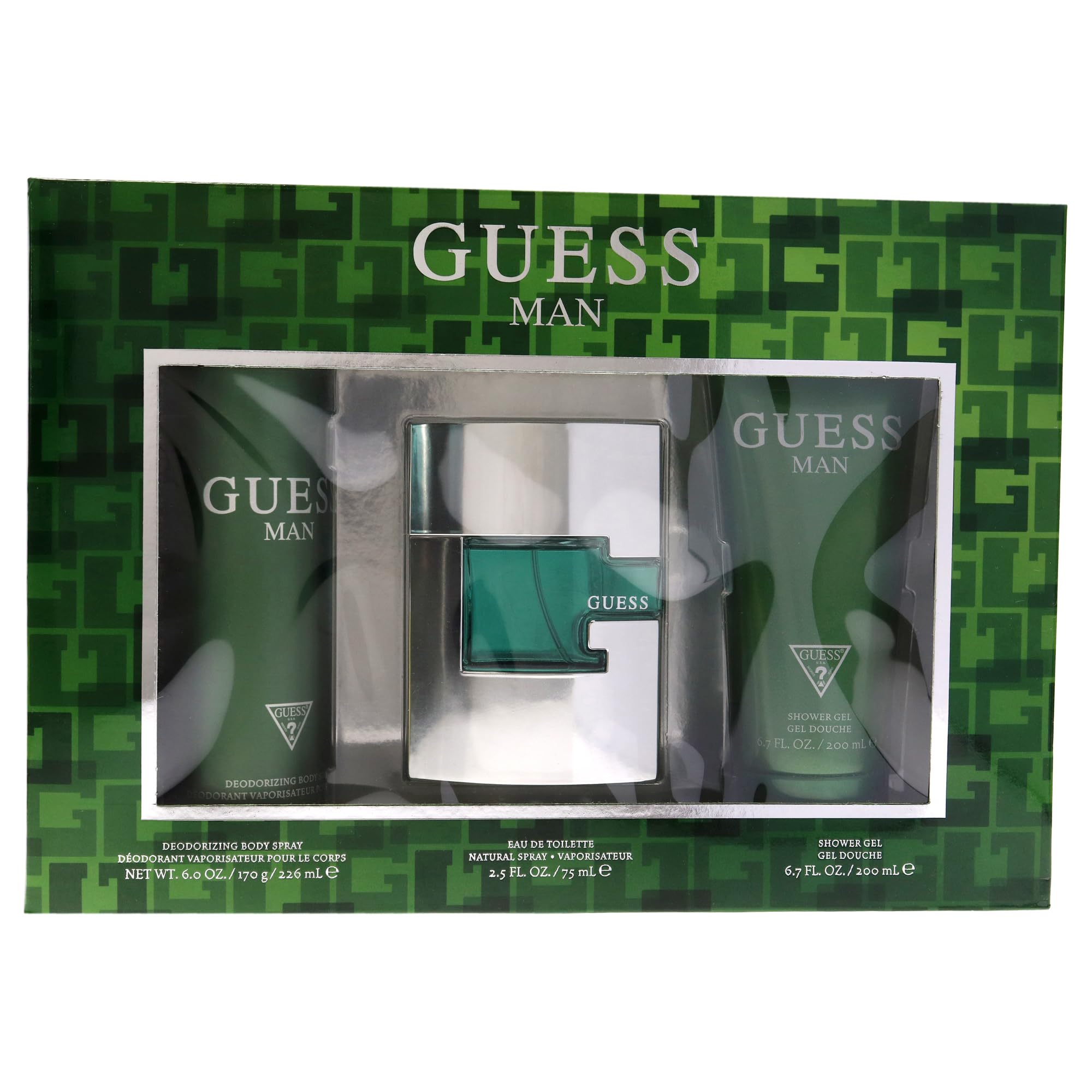 Guess Man 3 Pc Gift Set 2.5Oz Edt Spray, 6Oz Deodorizing Body Spray, 6.7Oz Shower Gel Giftset