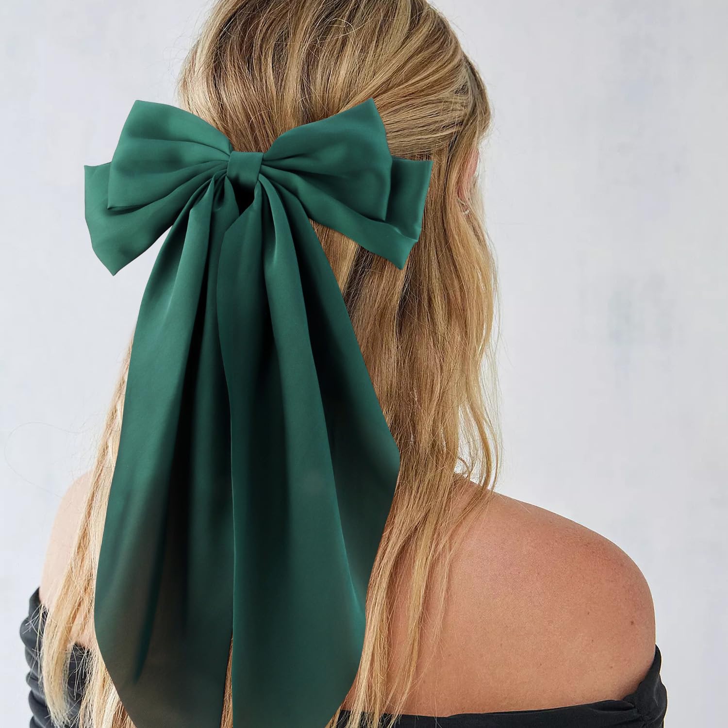 Atoden Silky Satin Green Oversized Bowknot Bow Hair Accessories: 2 Pcs Large Hair Barrettes With Long Tails, Metal Clips For Aes
