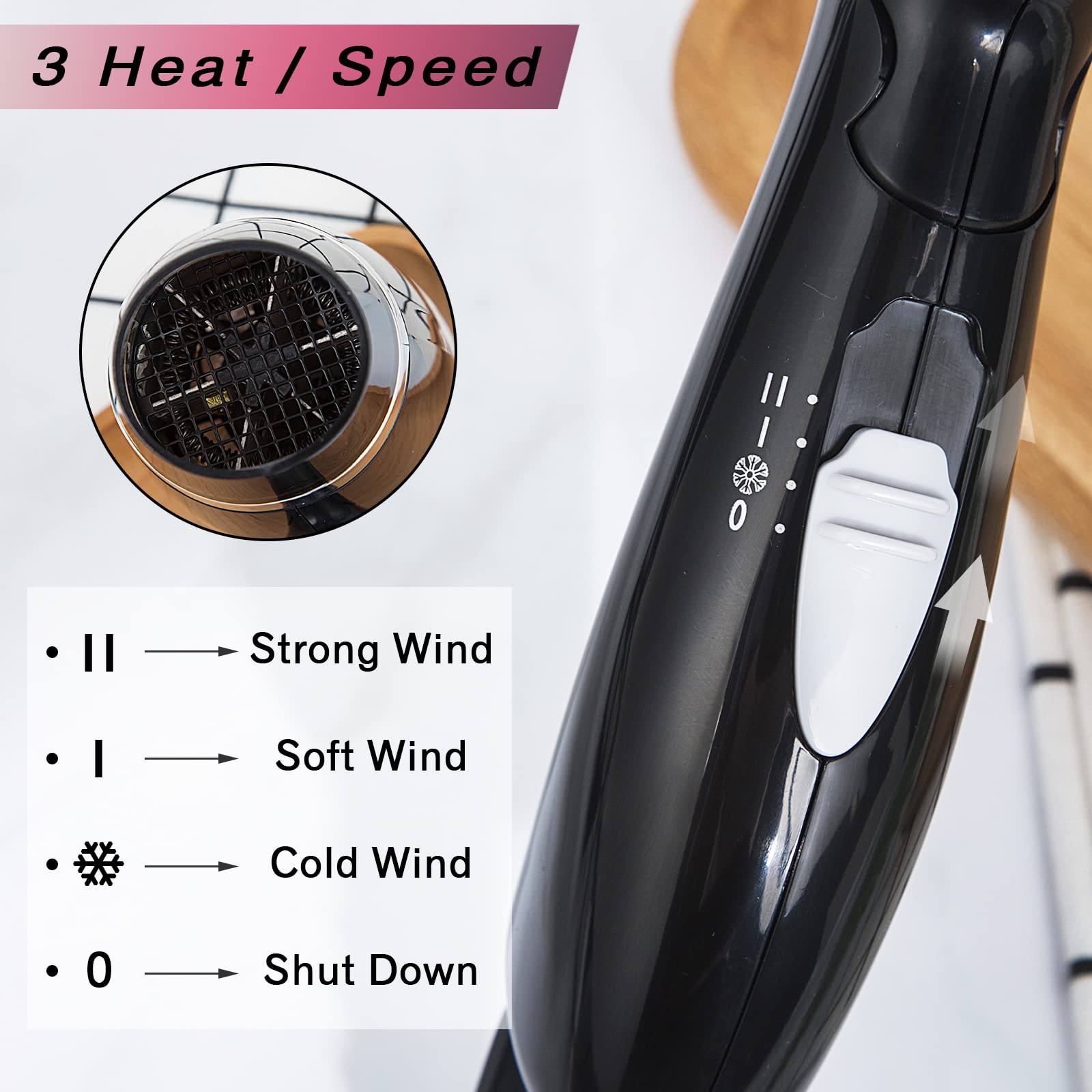 Juisee Folding Hair Dryer, Compact Blow Dryer - Portable Professional Hair Dryer With 3 Heat Settings, Low Noise, Tourmaline Cer