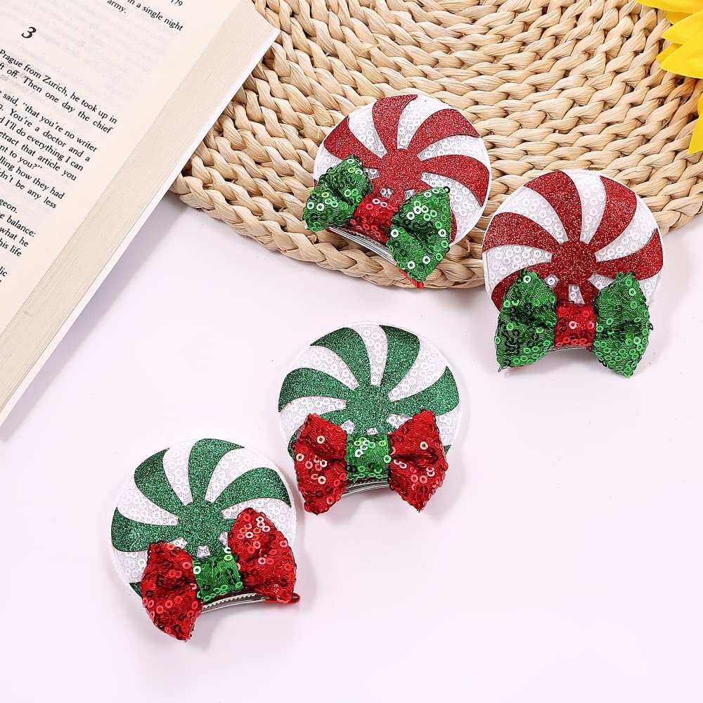 Jiahang Christmas Mouse Ear Clips With Glittering Sequin Bow 2 Pairs, Lollipop Girls' Hair Barrettes Hair Accessories For Theme