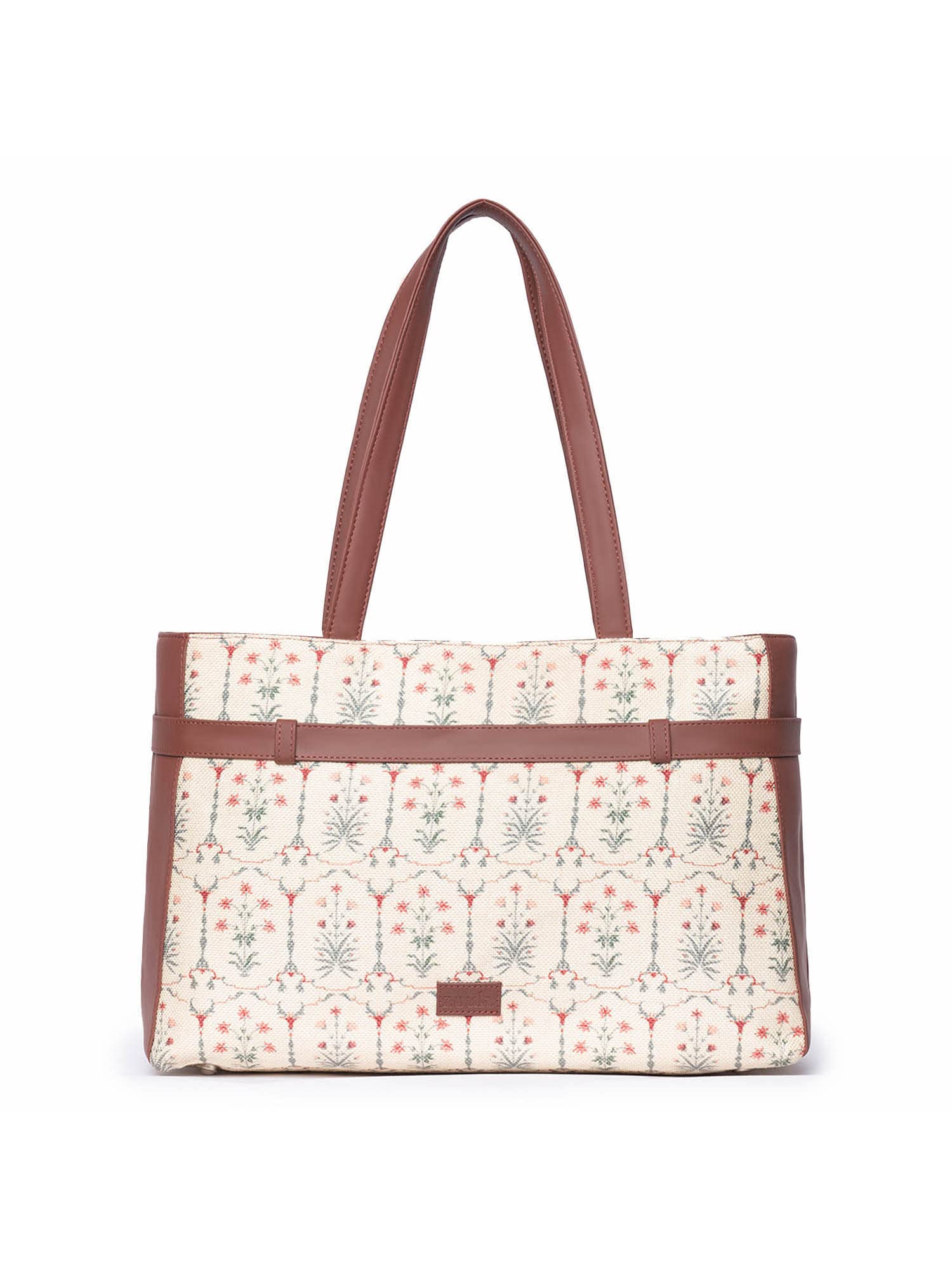 Zouk Taj Nakashi Floral Printed WomenS Jute Handcrafted Vegan Leather White Statement Office Shoulder Bag