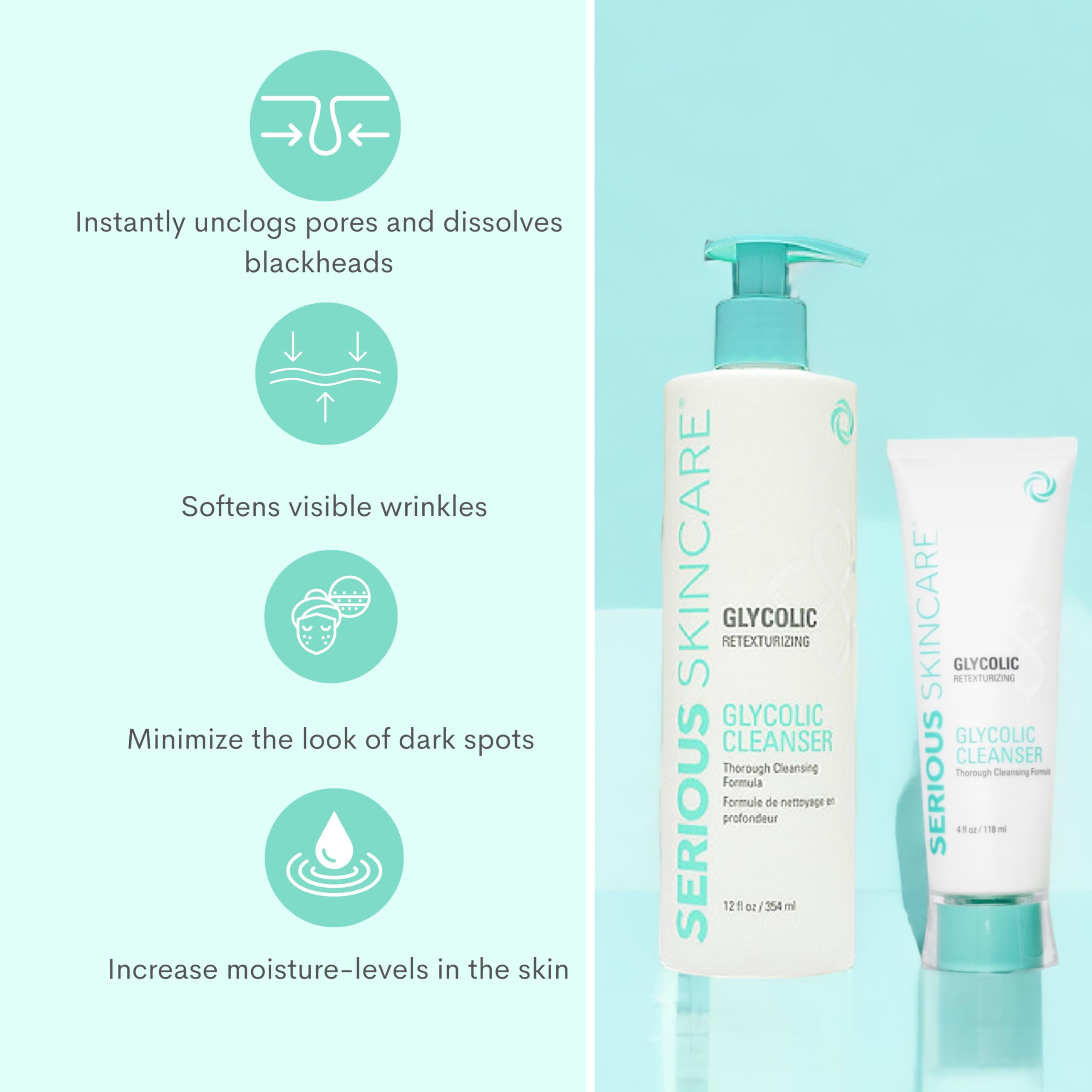 Serious Skincare Glycolic Cleanser - Glycolic Acid Skin Exfoliating Face Wash - 10% Glycolic Acid - Deep Pore Purifying - Remove