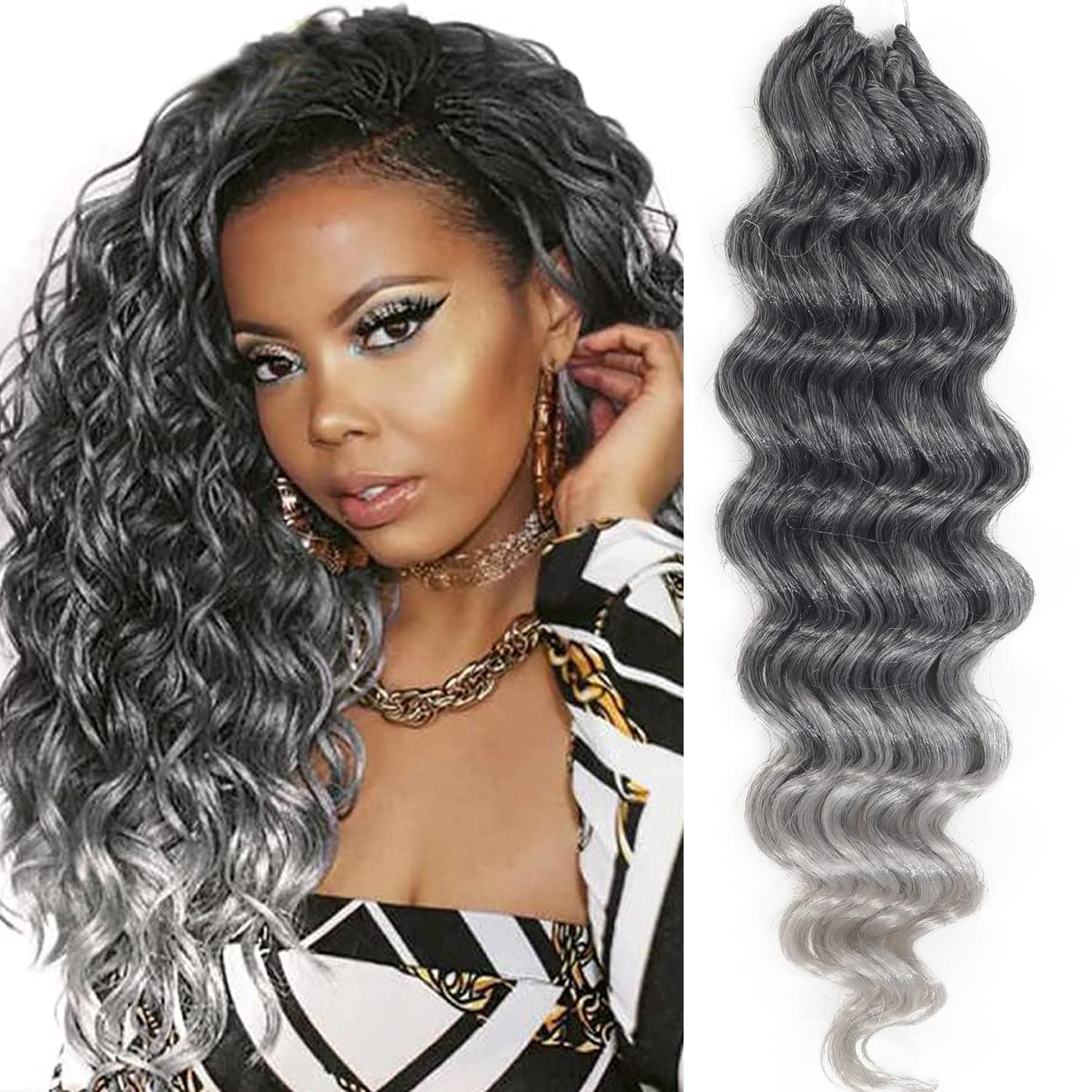 Ocean Wave Crochet Hair14Inch Grey Ombre Curly Braiding Ocean Wave Hair 7 Packs Deep Wave Shoulder Length Medium Long Wavy Ocean