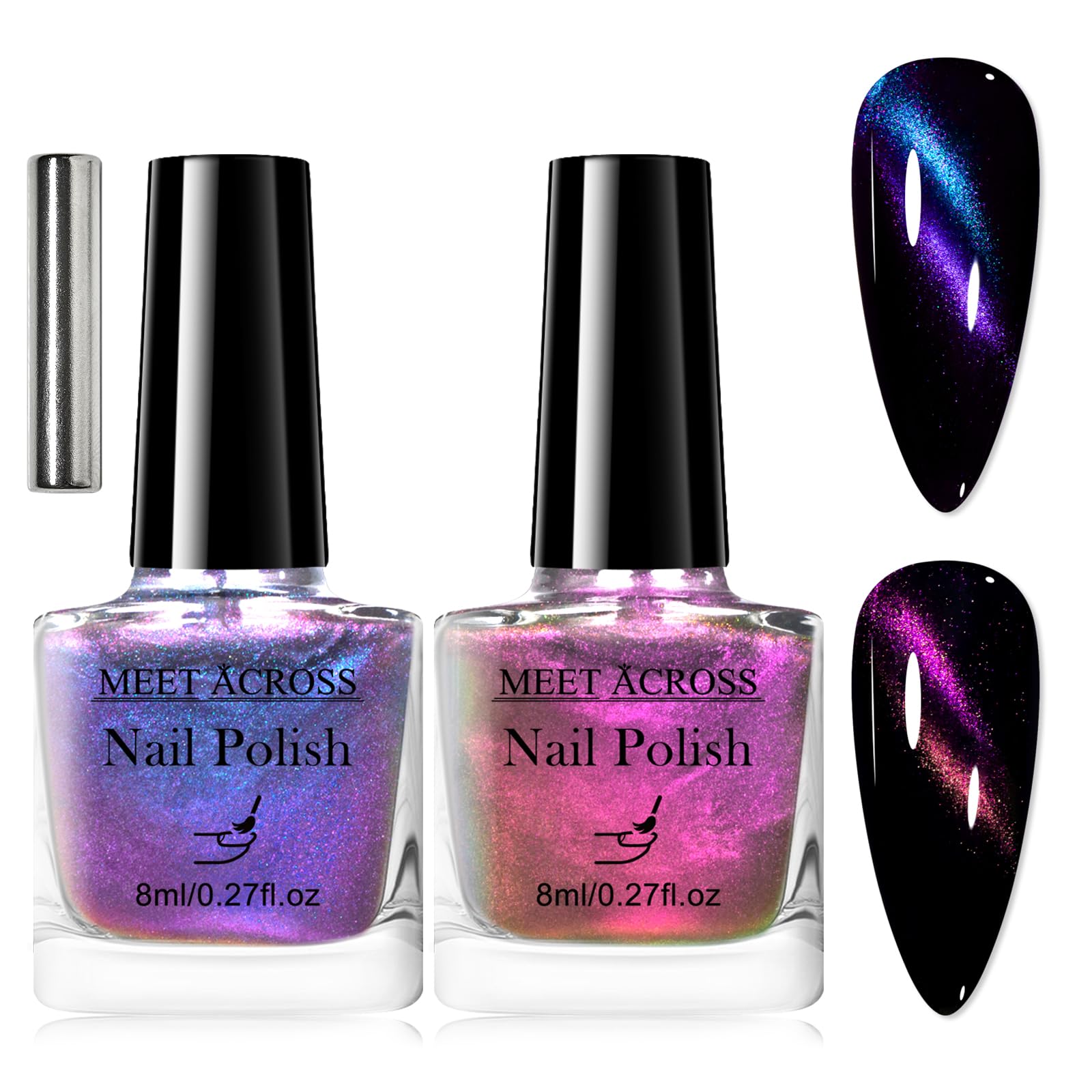 MEET ACROSS 3Pcs Magnetic Nail Polish with Magnetic Stick Kit, Cat Eye Nail Polish Non Gel, Quick Dry 2 Colors (Blue + Purple Re