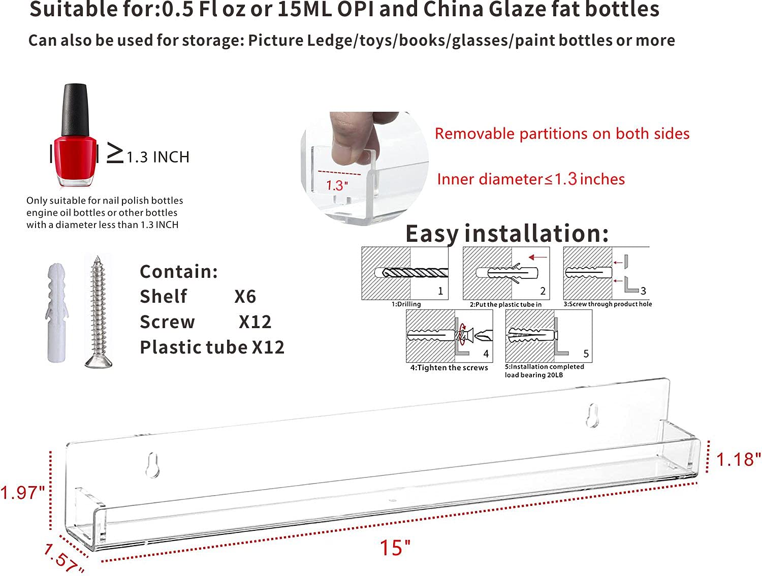 Cq acrylic Nail Polish Organizer Wall Mounted,6 Pack Rack Display 72 Bottles Nail Tech Organizers and Storage,Clear Wall Rack Na