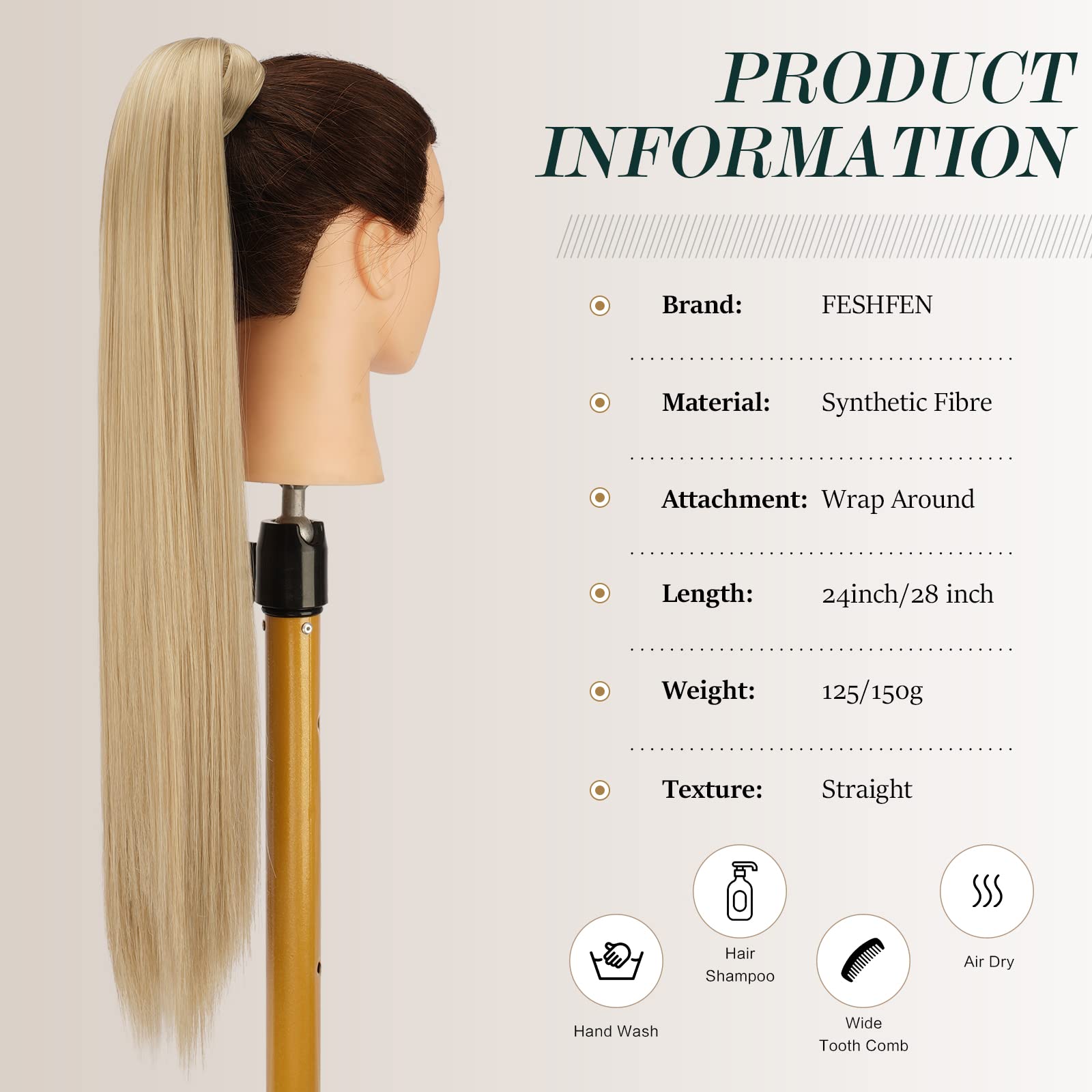 Feshfen Straight Long Ponytail Extensions 24 Inch Ash Blonde Wrap Around Synthetic Ponytails Hair Piece Pony Tail Hair Extension