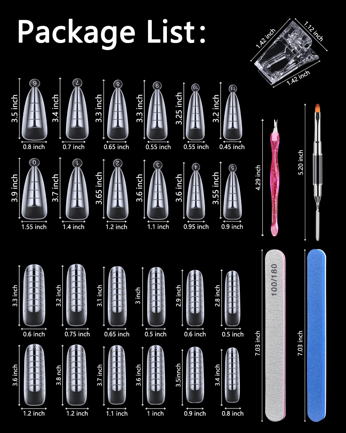 144 Pcs Nail Forms, MORGLES 2 Sizes Poly Extension Gel Dual Forms, Coffin Nails Extension with Stiletto Shape Molds, 10 Pcs Clip
