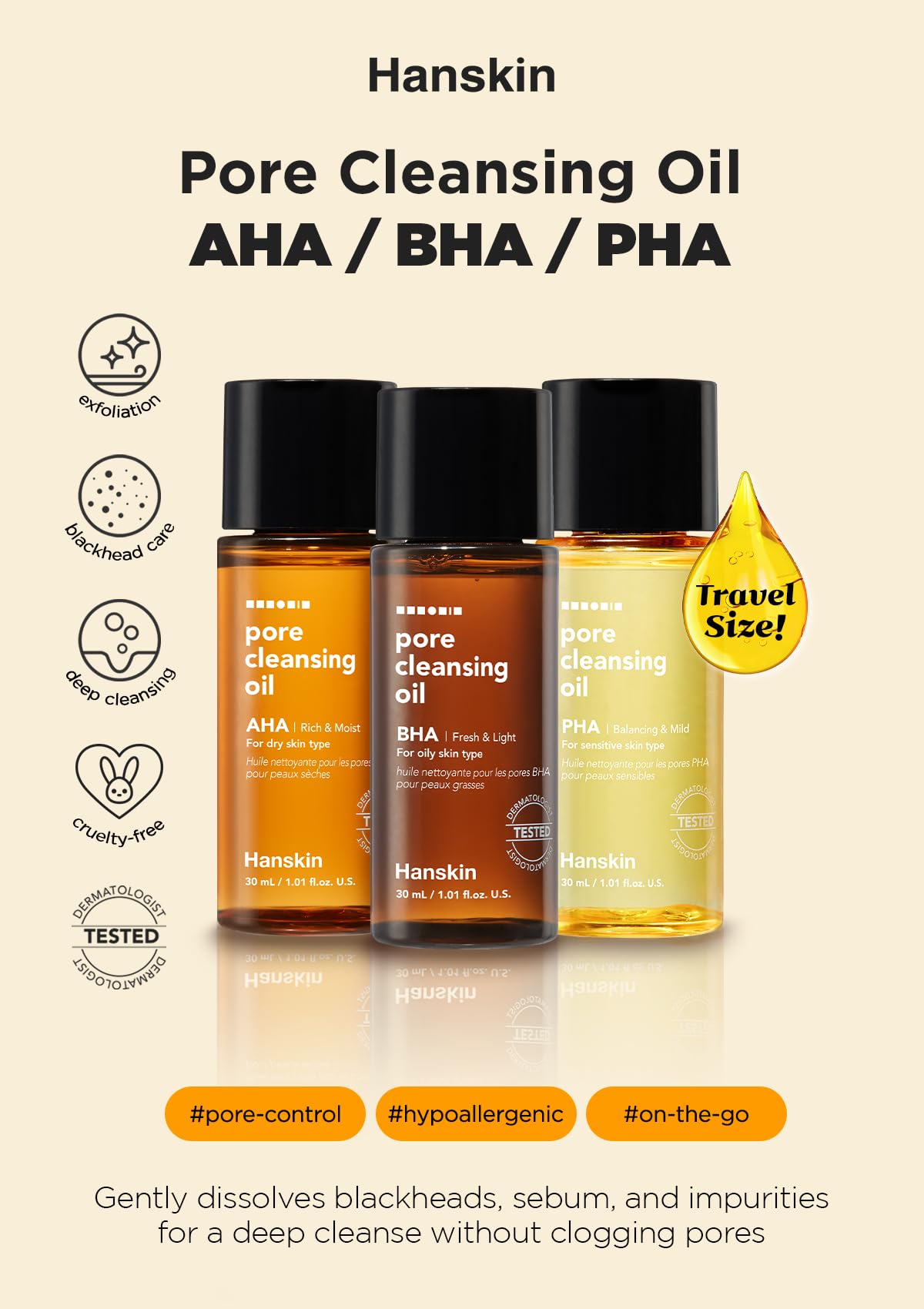 Hanskin PHA/BHA/AHA Trial Size Pore Cleansing Oil, Gentle Blackhead Cleanser and Makeup Remover for Combination and Oily Skin Tr