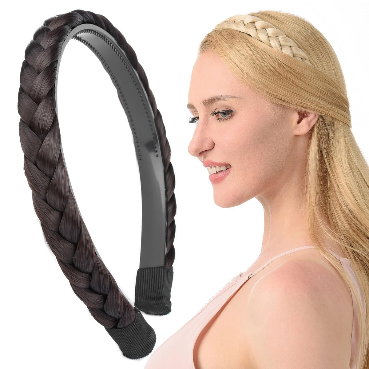 DIGUAN Headband Synthetic Hair Plaited Headband Braid Braided With Teeth Hair Band Accessories for Women Girl Width 1 Inch (Choc