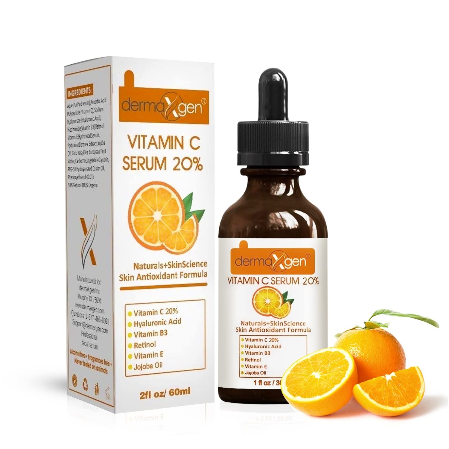 Dermaxgen 20% Vitamin C Serum + Hyaluronic Acid + Retinol + Vitamin E + Vitamin B PURE ORGANIC Boost Skin Collagen, Moisturizer