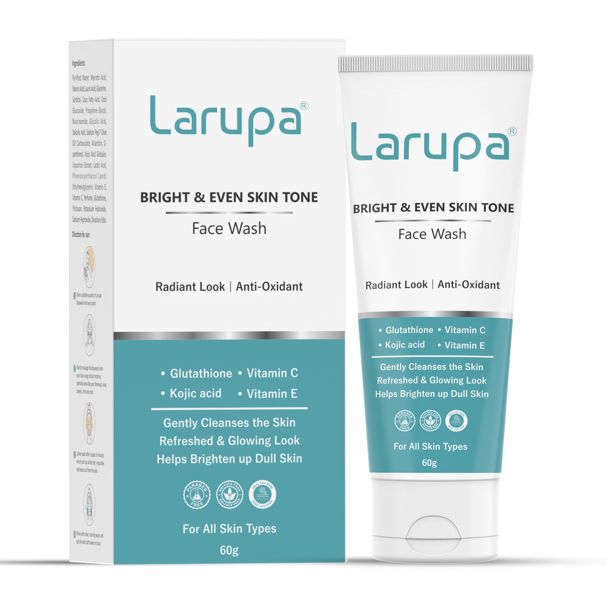 Larupa Bright & Even Skin Tone Face Wash With Glutathione, Kojic Acid, Niacinamide, Vitamin C And E | Daily Gentle Face Wash For