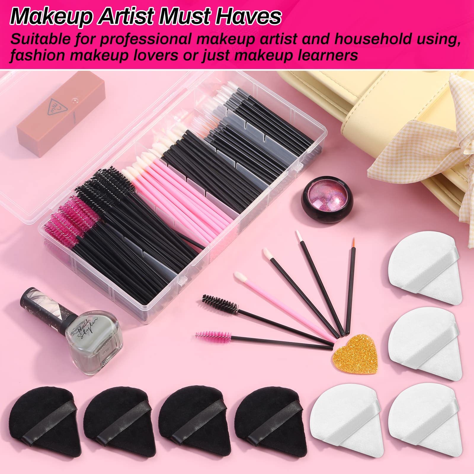 Disposable Makeup Accessories with Makeup Applicators Triangle Makeup Puffs, Mascara wands, Disposable Lip Applicators, liner Br