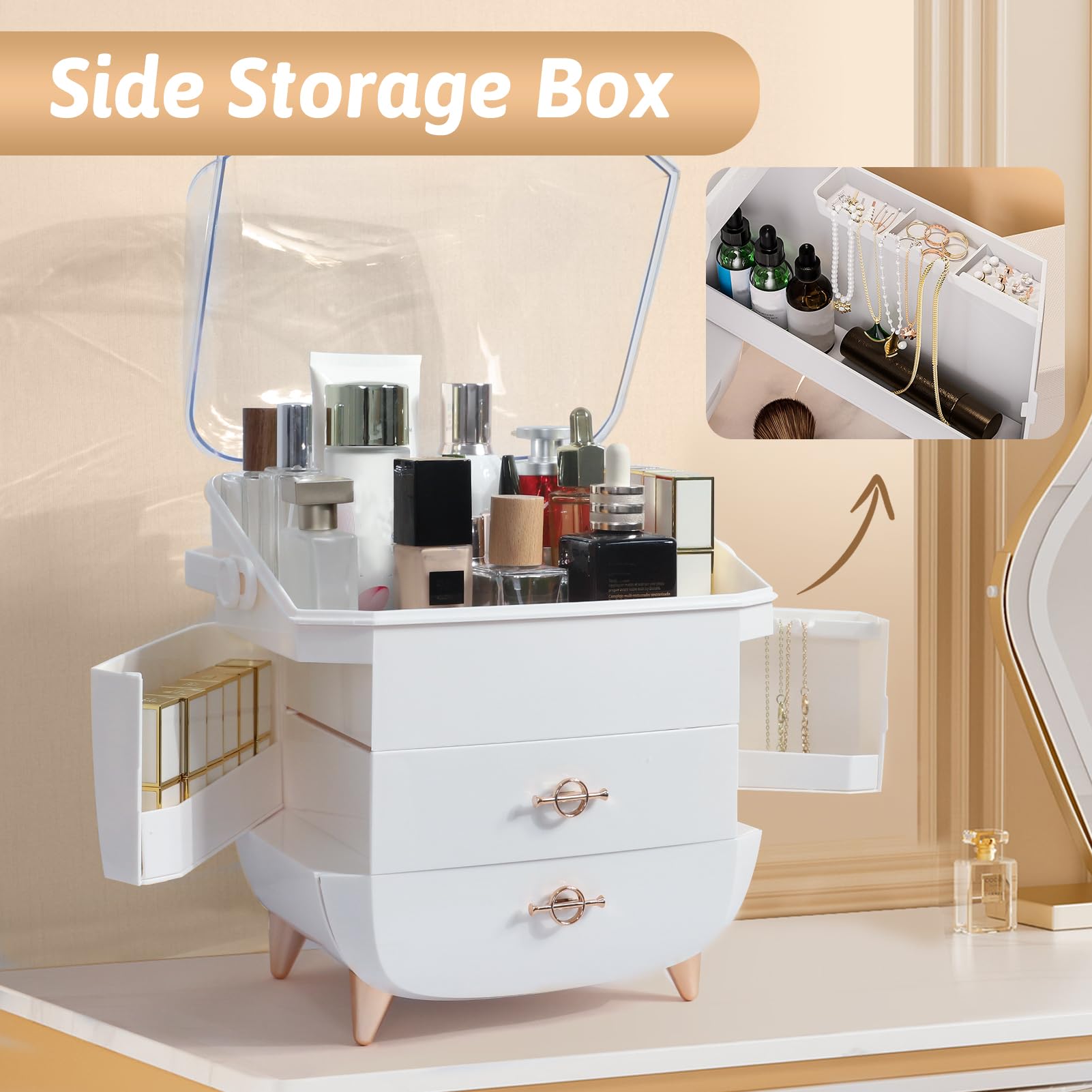 Ancaixin Makeup Organizer For Vanity, Portable Skincare Organizers With Lid And Drawers, Make Up Storage & Cosmetic Display Case