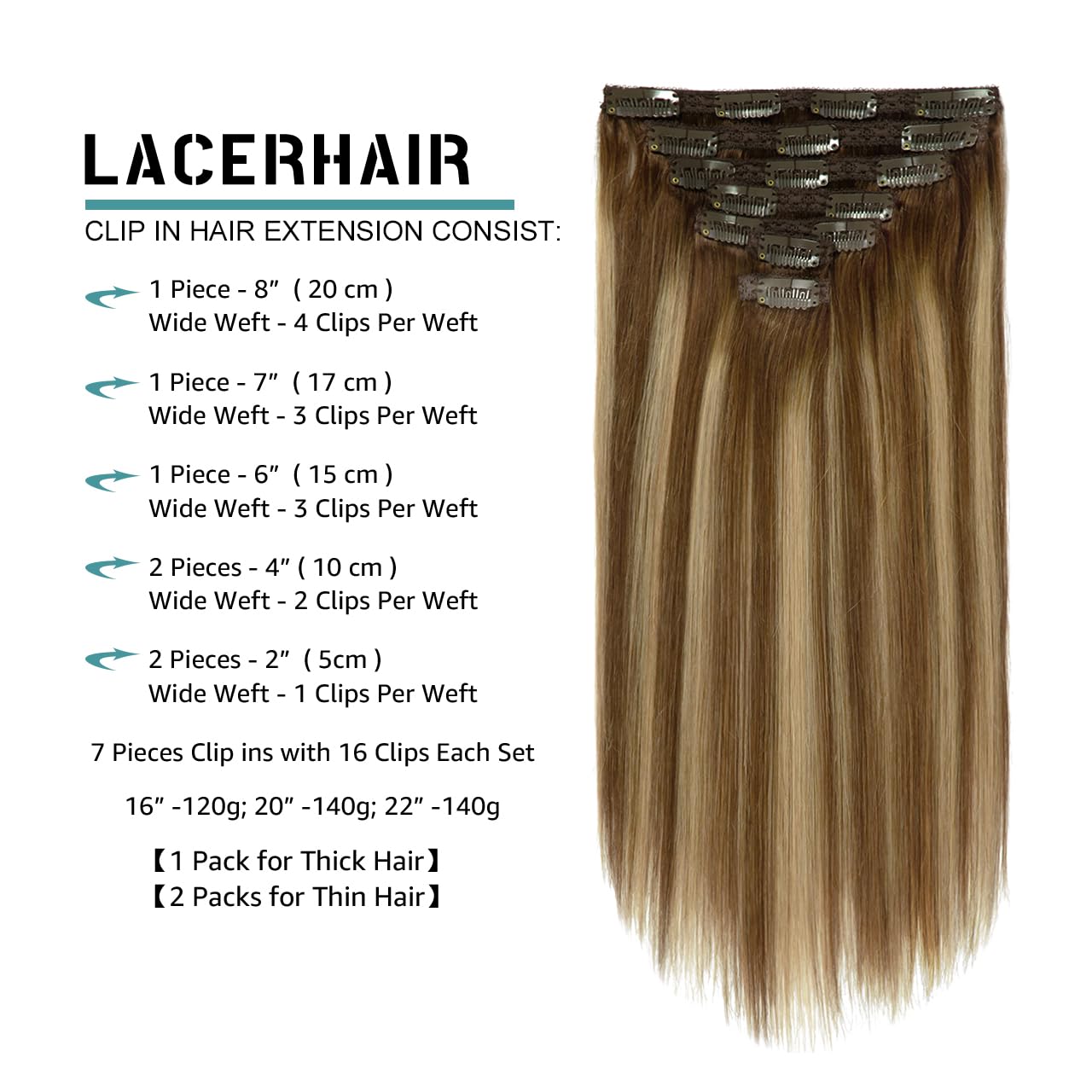 Lacer 18 Inch Highlight Clip In Hair Extensions Chocolate Brown To Caramel Blonde Remy Clip In Human Hair Extensions Straight Ba