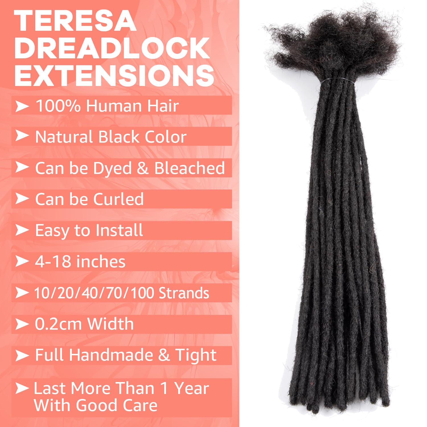 Teresa 10 Inch 0.4Cm Width Loc Extension Human Hair Natural Black 60 Strands Full Hand-Made Permanent Locs Extensions Can Be Dye