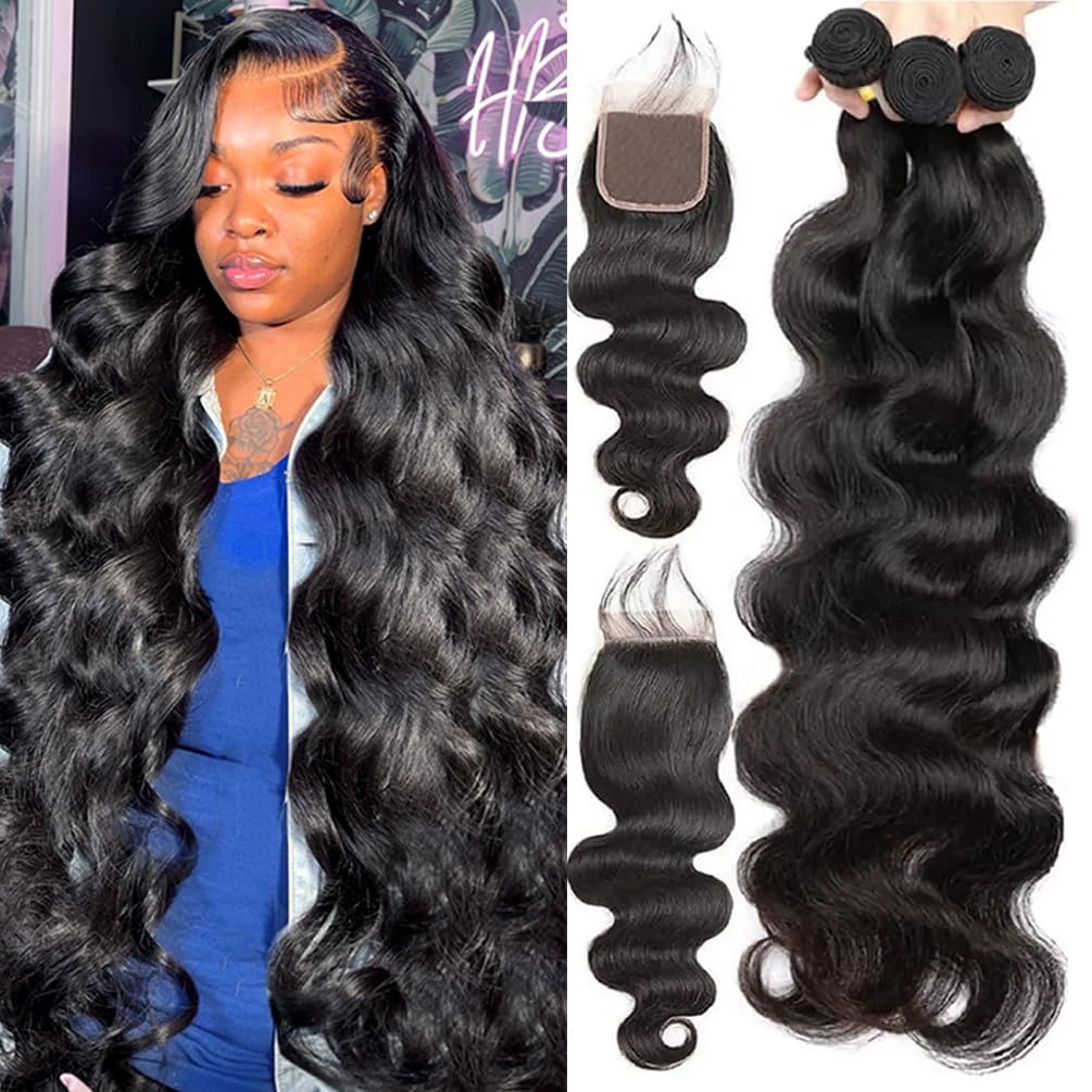 Body Wave Bundles with Closure (18 20 22+16 Closure) Human Hair Brazilian 3 Bundles with 4x4 Lace Closure Free Part 12A 100% Unp