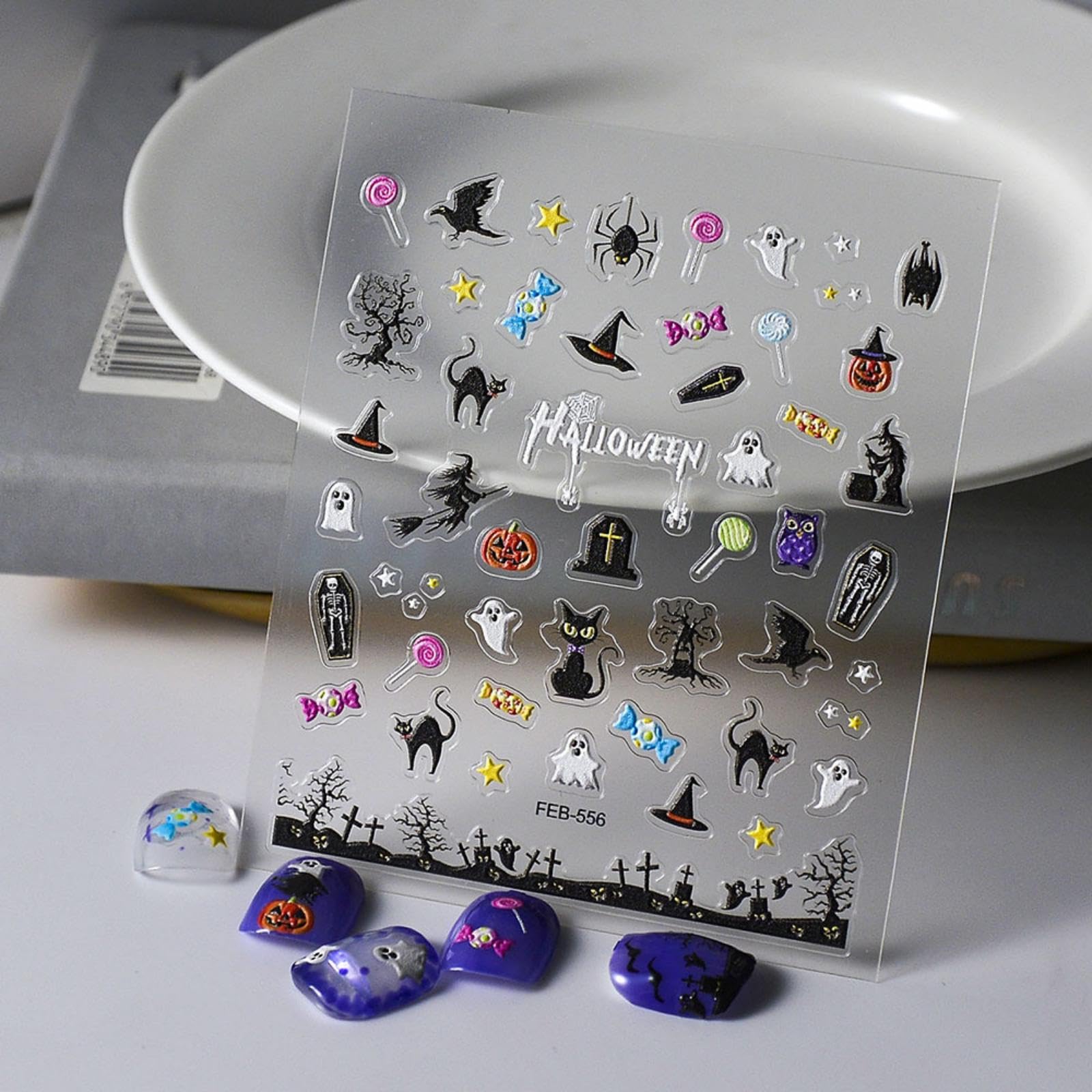 Halloween Nail Art Stickers 5D Embossed Cat Ghost Nail Stickers Witch Monster Candy Pumpkin Spider Star Nail Decals For Women Gi