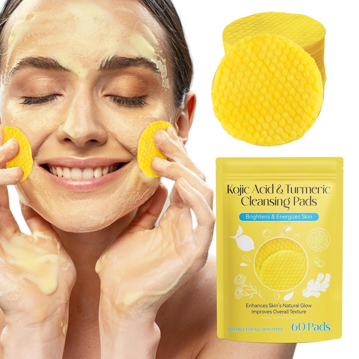Kojic Acid And Turmeric Cleansing Pads For Dark Spots, Skin Brightening & Acne Prevention, With Vitamin B5, Vitamin C, Turmeric 