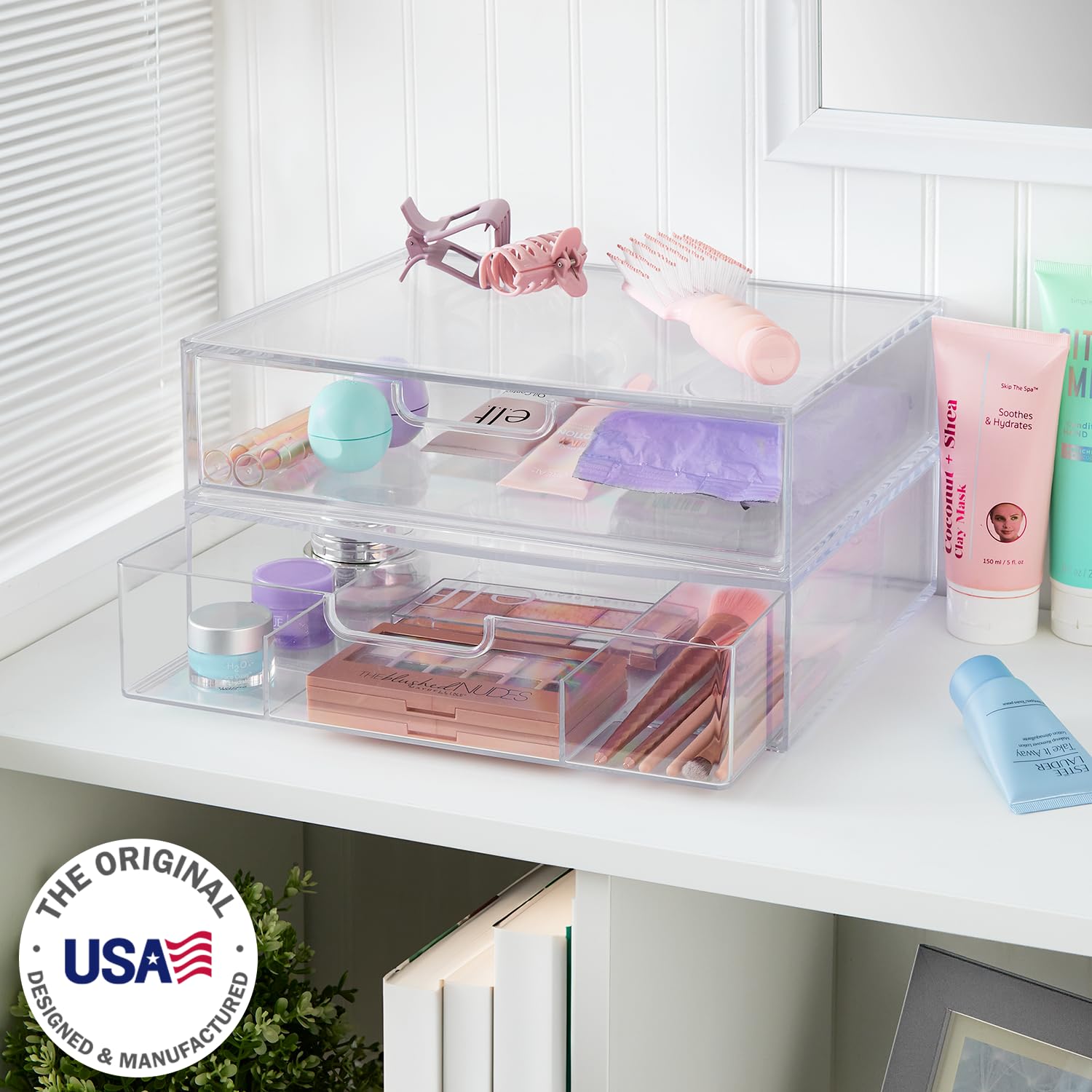 Stori Sofia 12.5    Wide Clear Stackable Open & Divided Storage Drawers, 2 Pack Plastic Organizer Bins For Makeup Palettes, Cosm