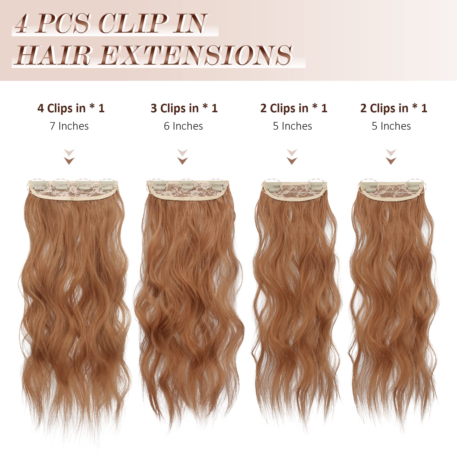 FESHFEN Clip in Hair Extensions - 4 PCS Long Wavy Auburn Brown Thick Clip in Hairpieces Full Head Synthetic Hair Extension for W