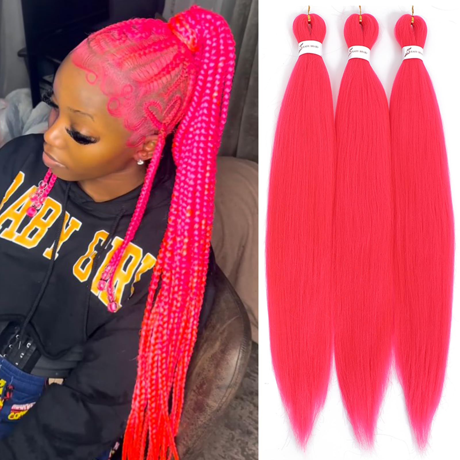 Royota Hot Pink Braiding Hair Pre stretched 26 inch 3 Pieces Easy Braid Prestretched Colored Soft Yaki Magenta Pink Knotless Hai