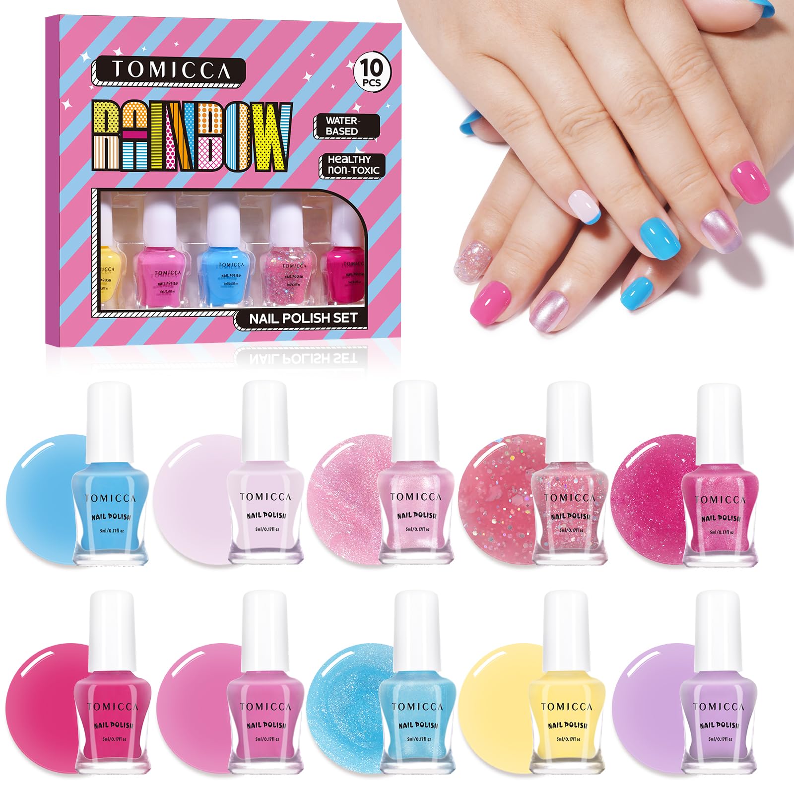 Tomicca Kids Nail Polish - 10 Colors Quick Dry Nail Polish, Peel Off Water Based Rainbow Nail Polish, Kids Natural Safe Non Toxi