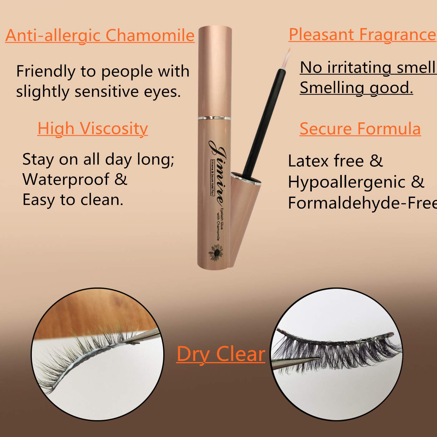 JIMIRE Eyelash Glue Clear | Secure Hold for False Eyelashes | Latex-Free Eyelash Adhesive with Chamomile Suitable for Sensitive