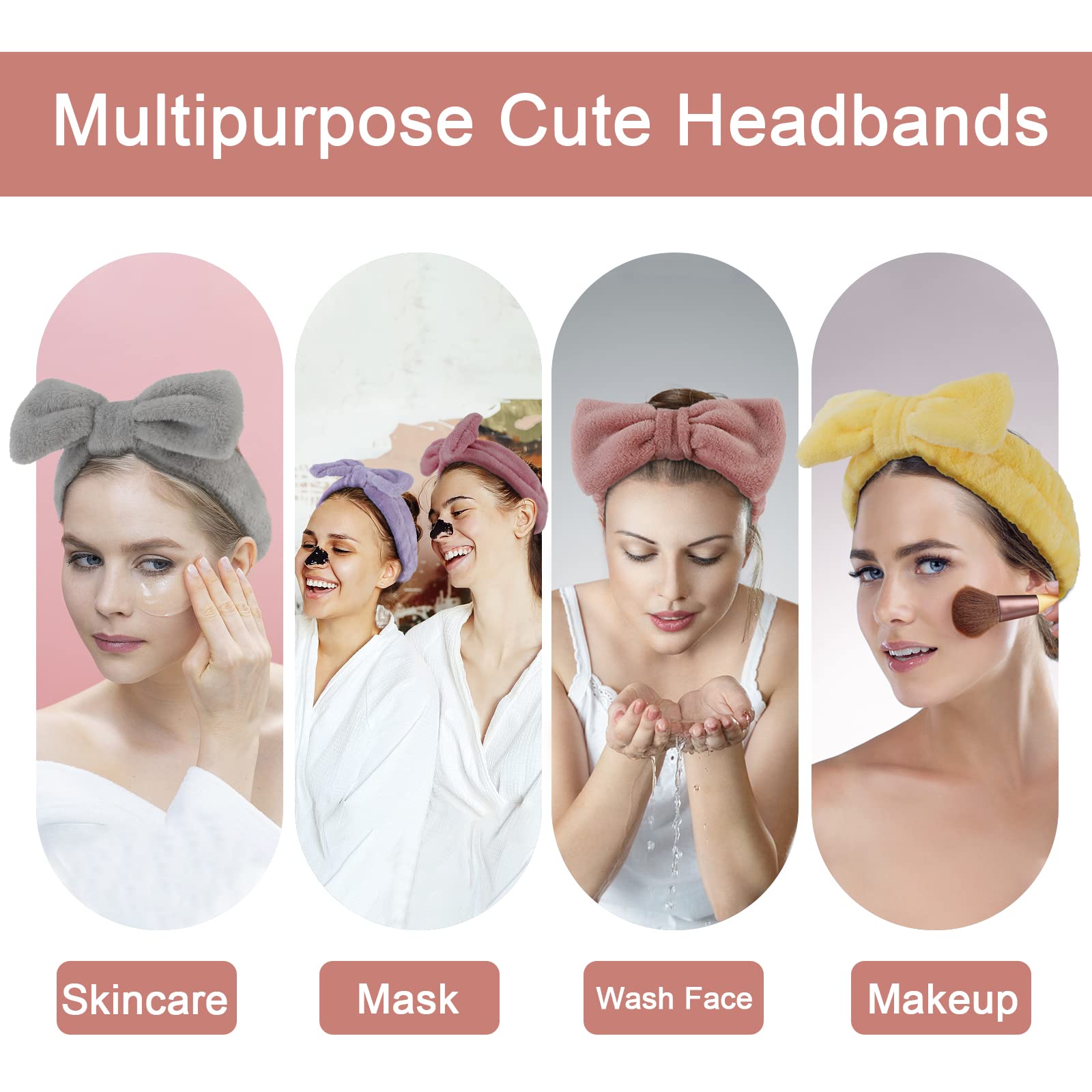 Ondder 8 Pack Fluffy Bowknot Facial Hairbands For Washing Face, Makeup, Skincare - Multipurpose Spa Headbands For Women Girls -