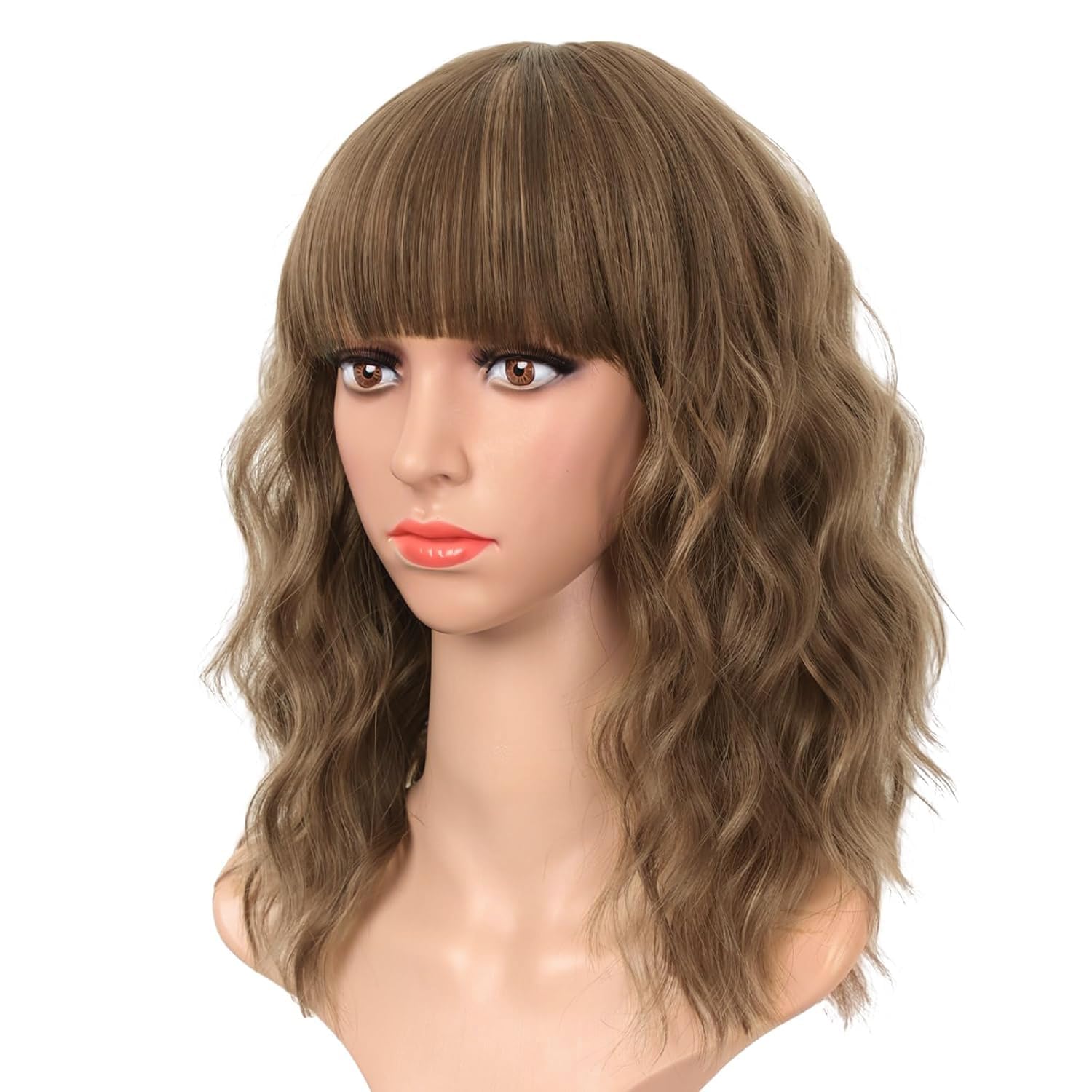 Aisi Hair Synthetic Wavy Curly Bob Wig With Bangs Brown Mix Caramel Blonde Wig Short Bob Wavy Hair Wigs For Women Synthetic Heat