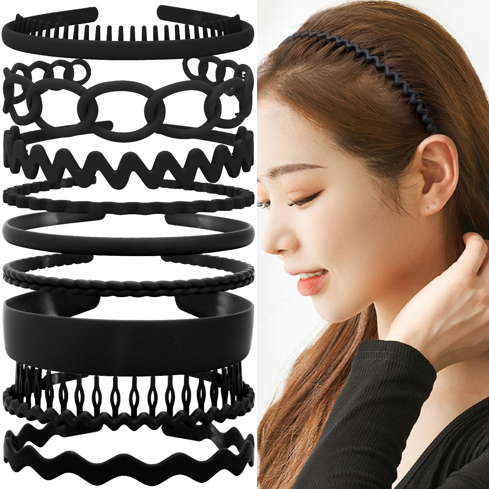 TOBATOBA 9Pcs Black Plastic Headbands, Hairbands for Women's Hair, Thin Headbands Comb Hair Accessories for Women Girls