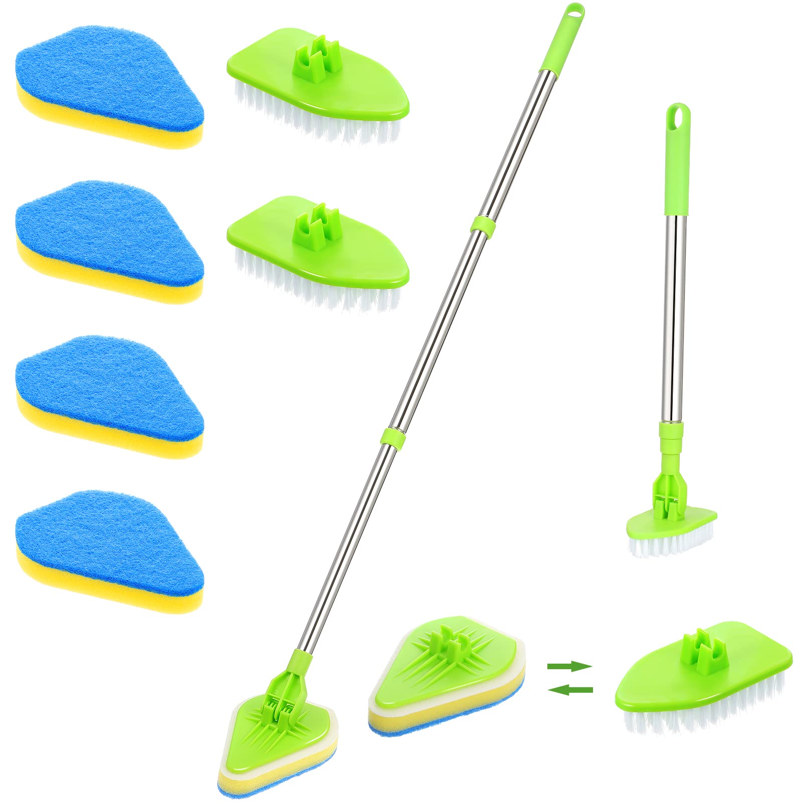 Scrub Cleaning Brush with Long Handle 2 in 1 Extendable Bathroom Floor Brushes with 2 Stiff Bristles and 4 Sponge with Long Hand