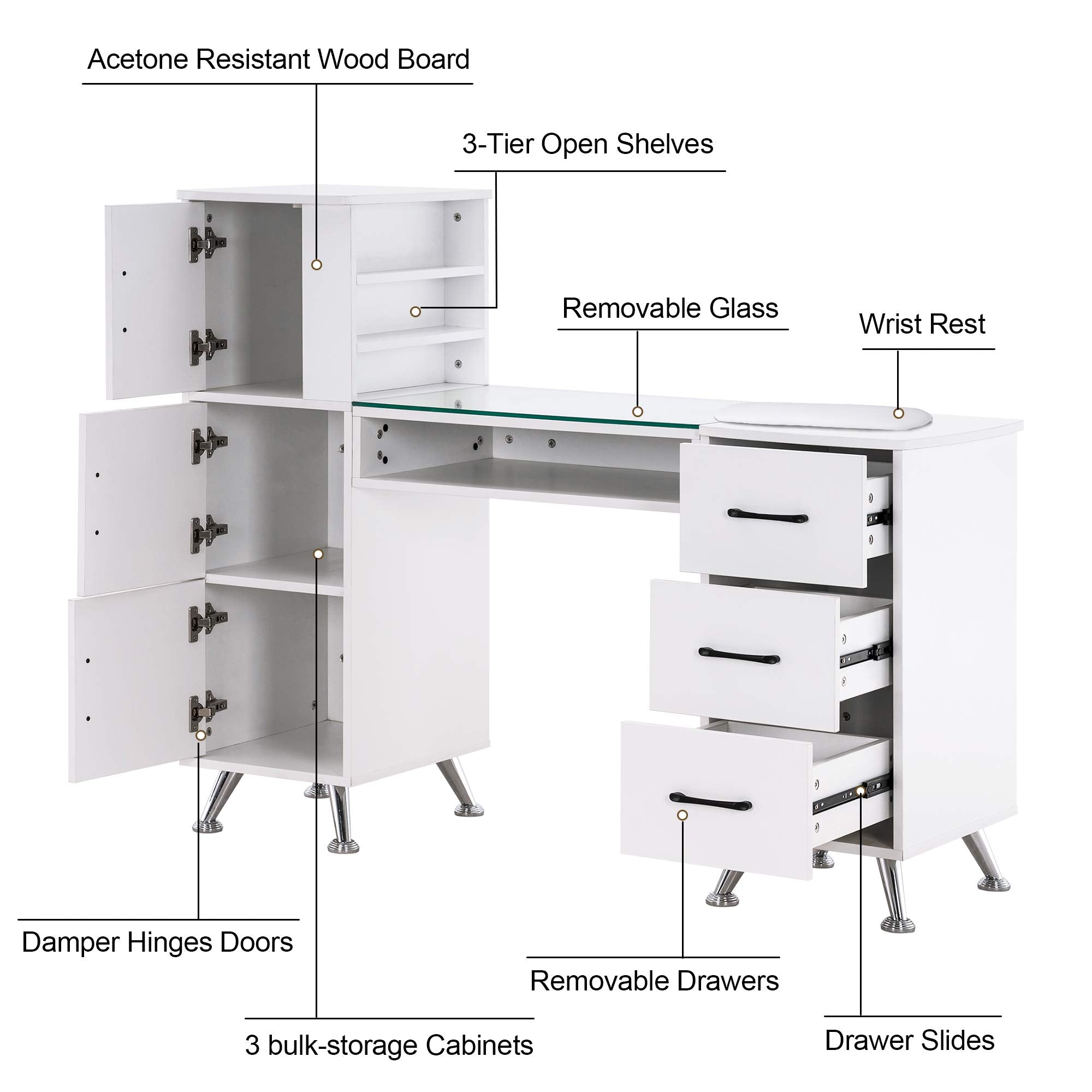Barberpub Manicure Table, Nail Makeup Desk With Drawers, Storage Beauty Salon Workstation 2611 (White)