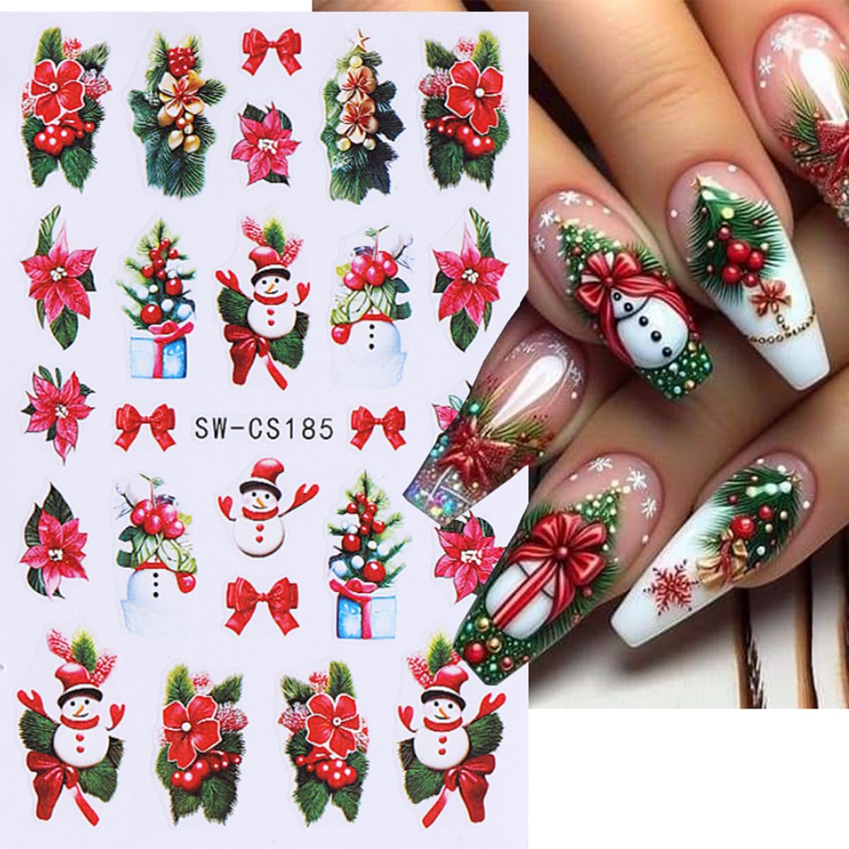 Christmas Nail Art Stickers Decals Snowman Candy Cane Christmas Nail Stickers 5Pcs 3D Self-Adhesive Snowflake Ball Flower Deer D