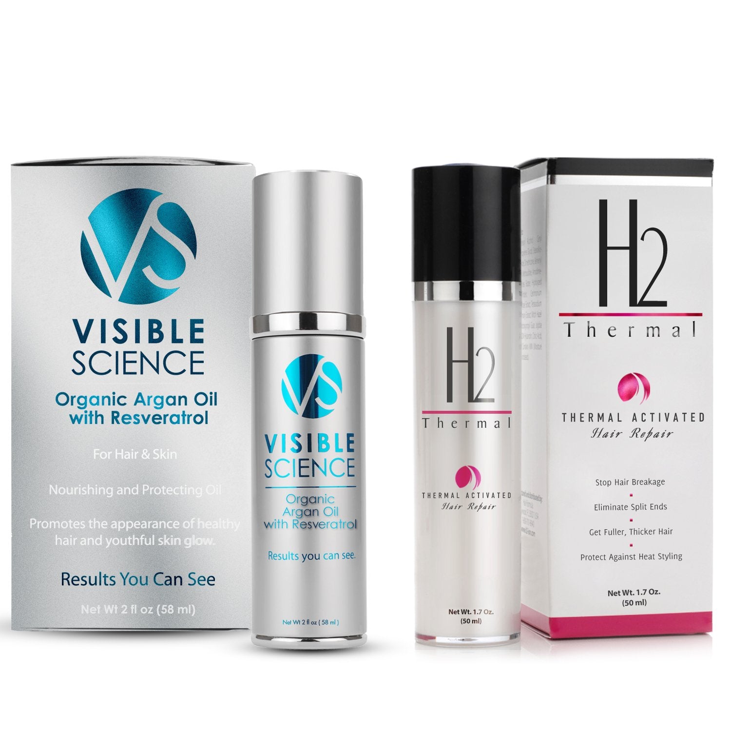 H2Thermal and Visible Science Argan Oil Bundle  Hair Repair Treatment and Heat Protectant + Argan Oil Serum for Gorgeous Shiny 