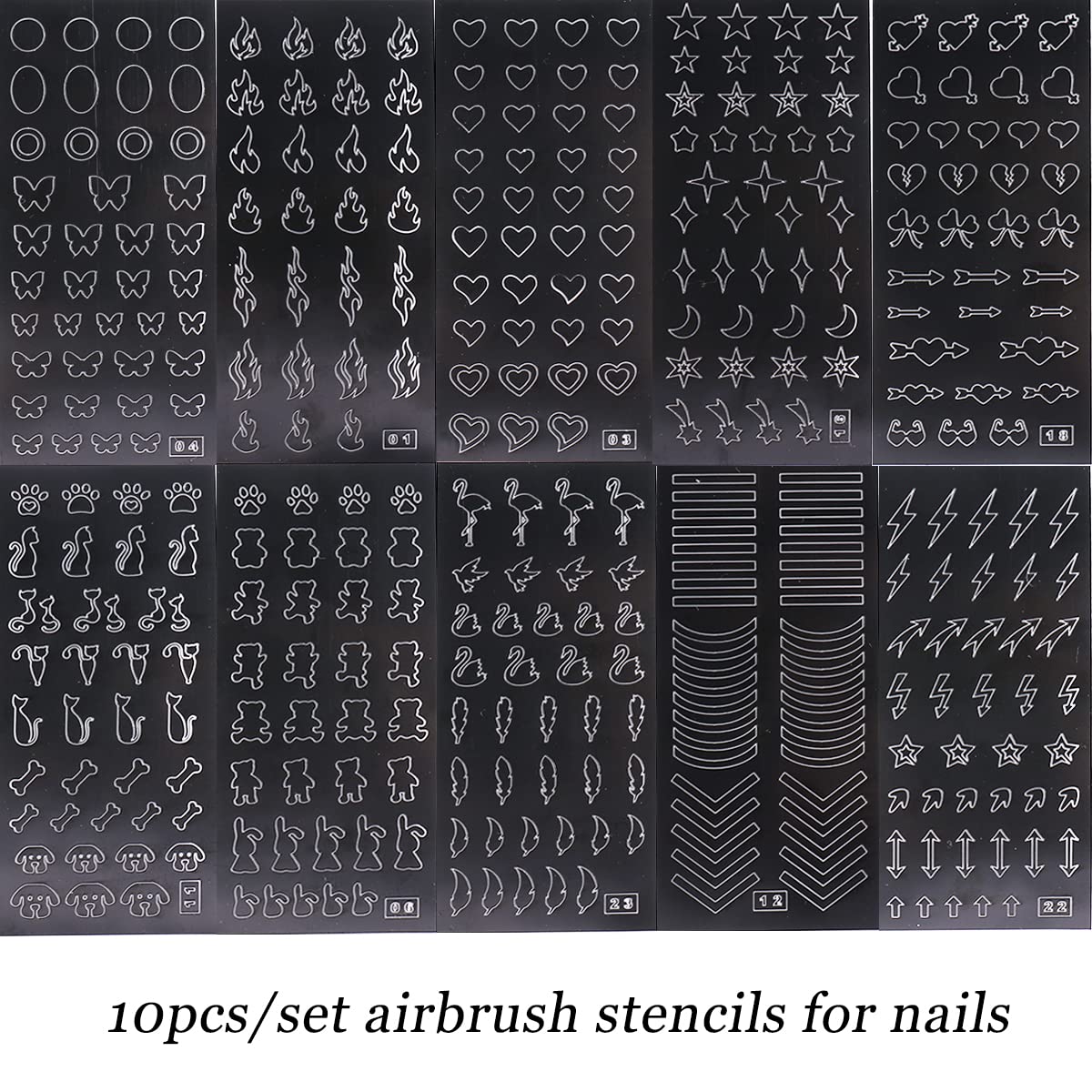 Airbrush Stencil for Nails 10 Sheets Heart Nail Charms Butterfly Bear Stars Hollow Nail Sticker Airbrush Templates French Manicu