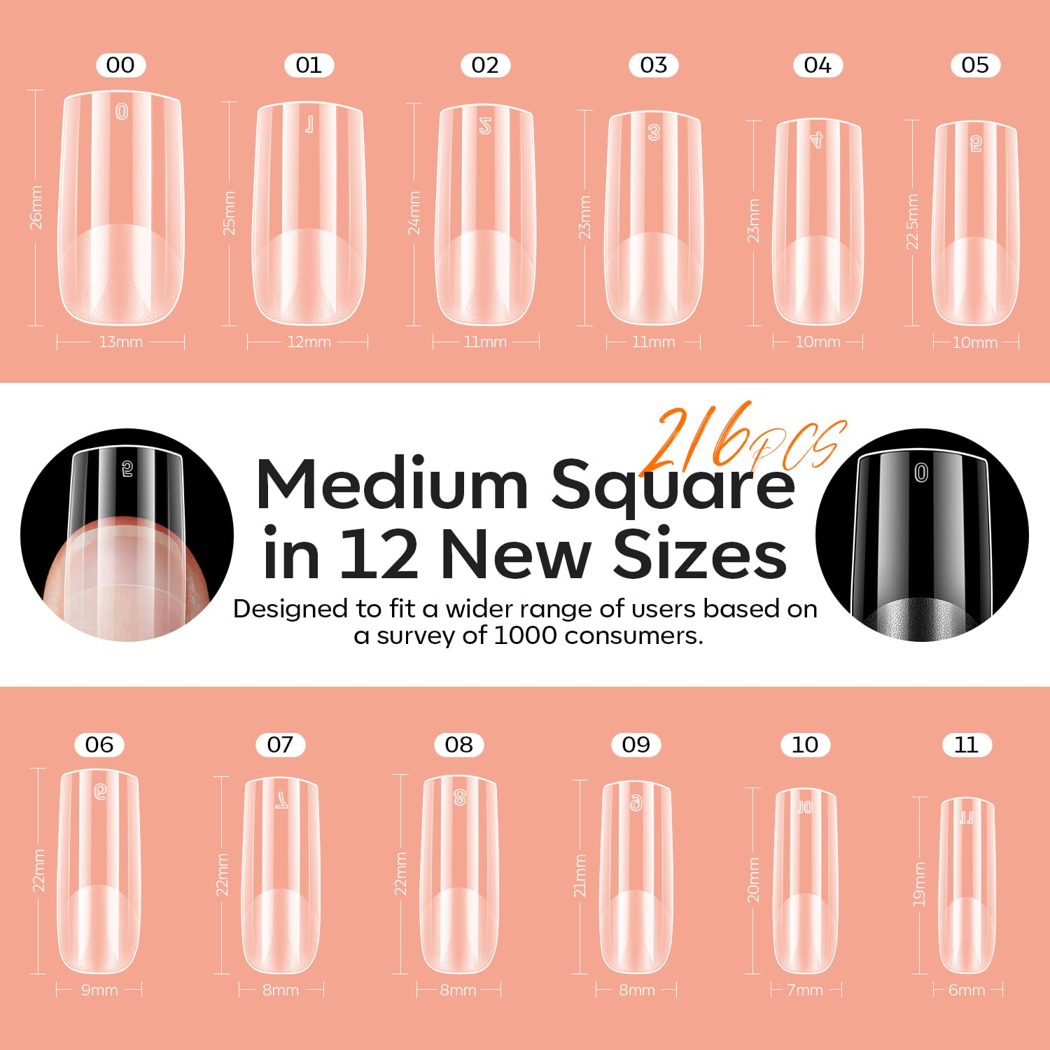 Modelones Gel Nail Kit, Medium Square X Gelnail Tips , 9-In-One Nail Glue & Portable U V Nail Lamp, 216Pcs 12Sizes Press On Acry