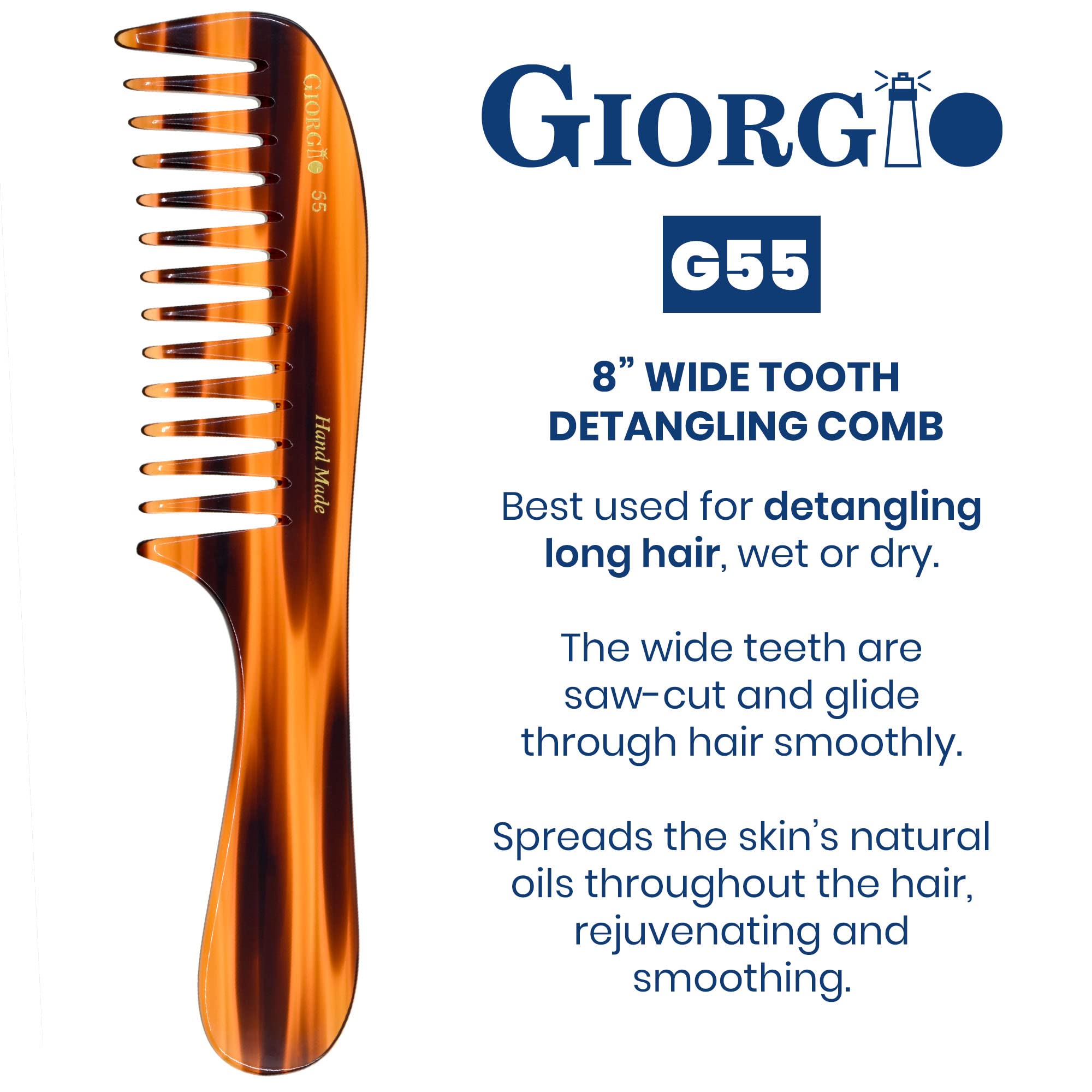 Giorgio G55 Wide Tooth Comb For Wet Hair Detangling Comb, Hair Comb For Thin To Medium Thickness Hair Detangler, Hair Combs For