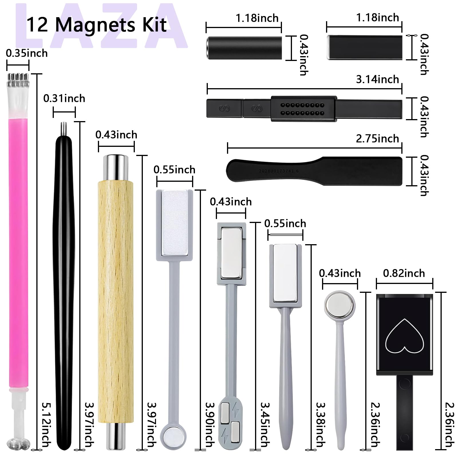 Laza 12 Pcs Nail Magnet Set, Super Strong Cylinder Magnet, Heart Magnet For Nails Double-Head Magnet Wands For Magnetic Nails, 9