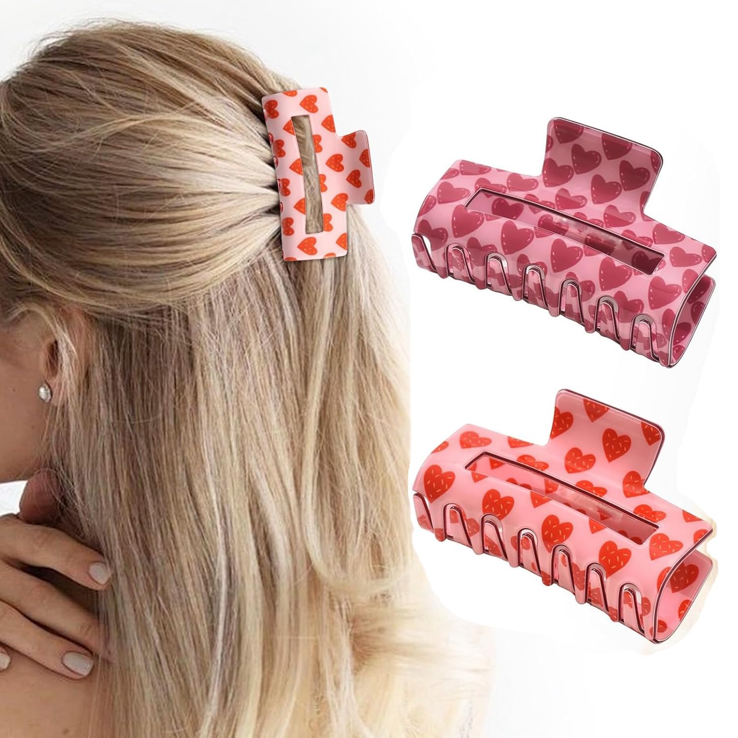 Paderison 2Pcs Checkered Rectangle Valentine's Day Multicolored Hair Claw - Strong Hold Y2K Hair Accessories for Thin and Thick 