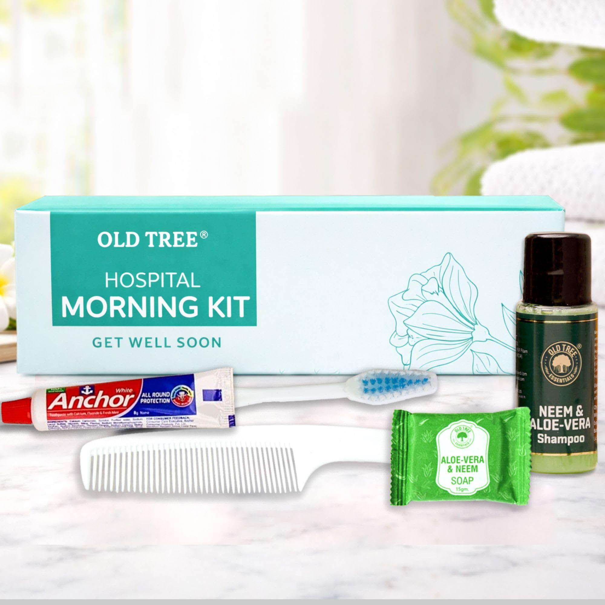 Old Tree Hospital Kit With 5 Essentials (Pack Of 50) | Aloe-Neem Shampoo 15Ml, Comb, Toothpaste, Toothbrush & Aloe-Neem Soap 15G