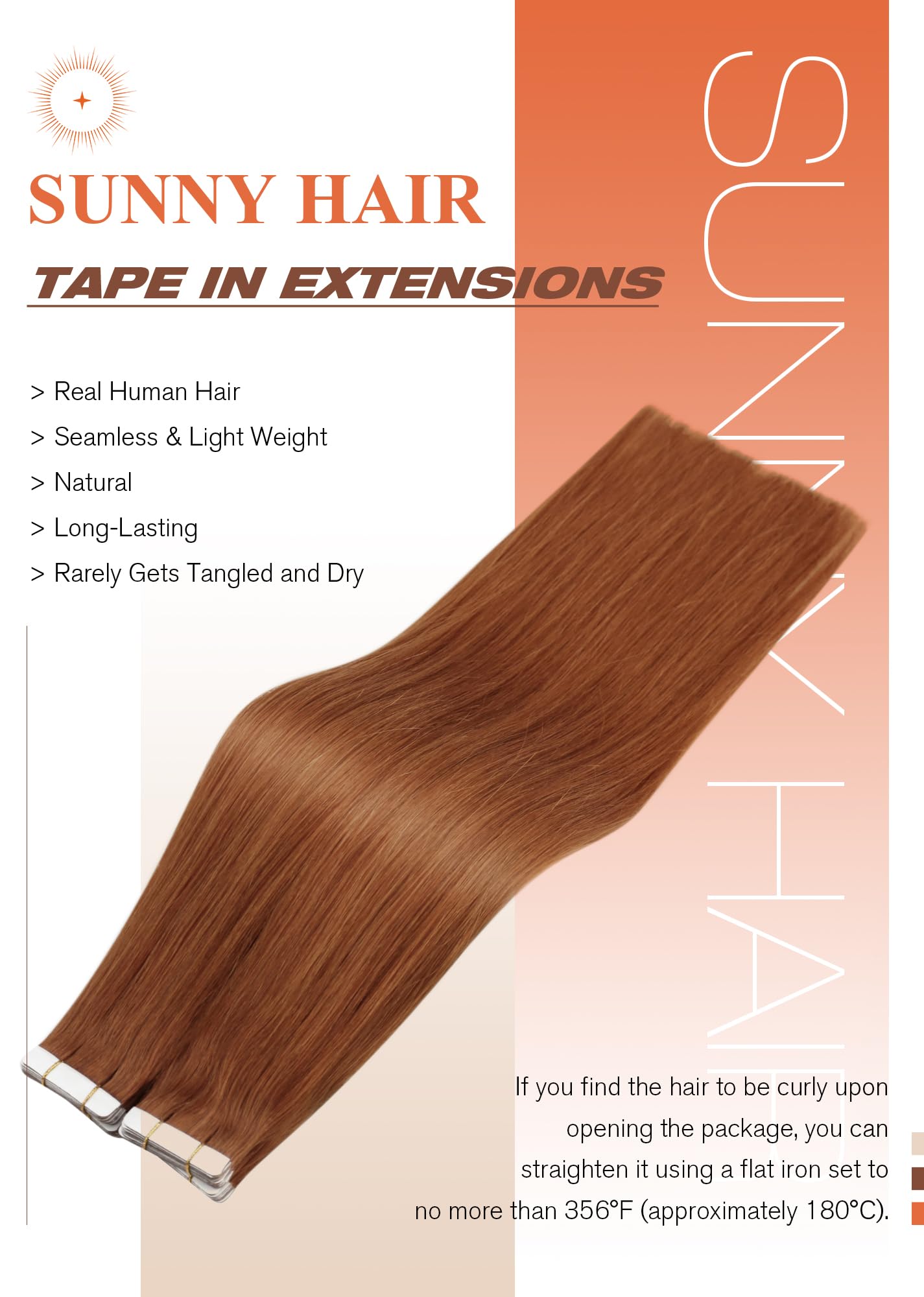 Sunny Hair Tape in Hair Extensions Real Human Hair Invisible Remy Hair Extensions Tape ins for Women Copper Red 20 inch 20Pcs 50