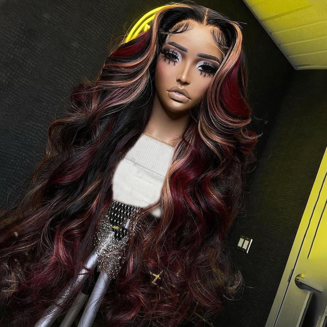 Skunk Stripe Human Hair Balayage Wig Red Black Blonde Highlight Wig Human Hair Body Wave 180% Density Blonde Red Highlights 13X4