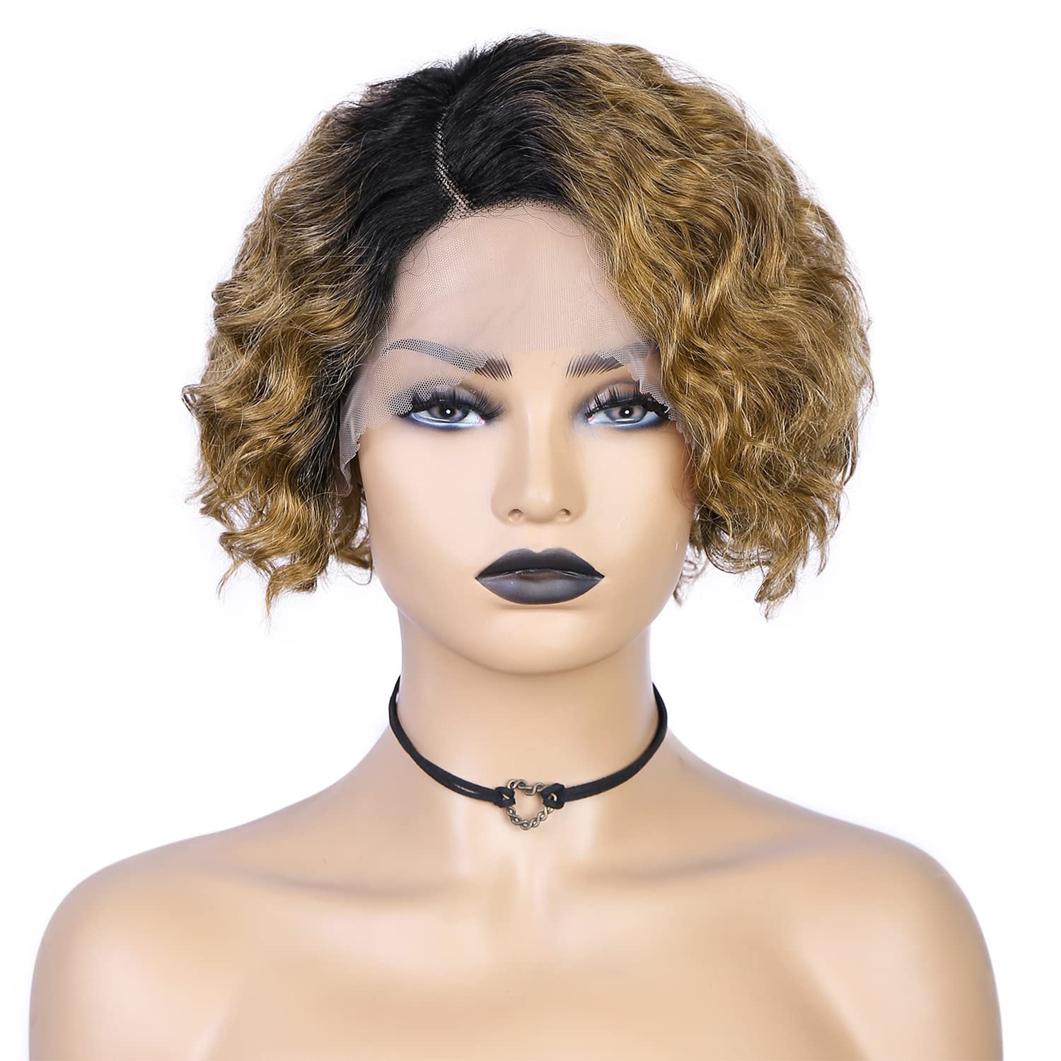 Wiger Short Human Hair Curly Wigs Ombre Curly Bob Hair Wig Brown Short Curly Lace Front Wigs For Black Women 8 Inch Glueless Cur