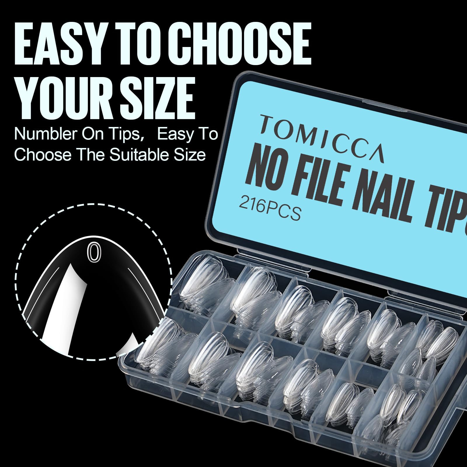 Tomicca Almond Nail Tips - Medium Almond Clear Nails Tips, Full Cover Acrylic Nail Tips For Nail Extension 216Pcs 12Sizes