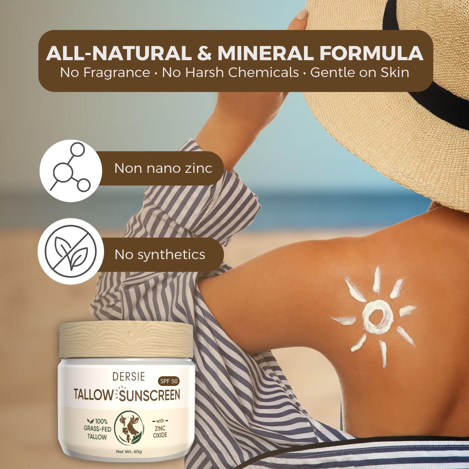Tallow Sunscreen with Zinc Oxide for Face & Body: SPF 50 Mineral Sunblock with Grass-Fed Tallow - Water-Resistant Non-Toxic Non-