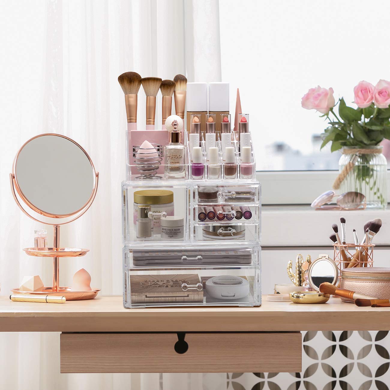 Sorbus Large Clear Makeup Organizer - Detachable 3-Piece Jewelry & Make Up Organizers And Storage Set - Spacious Cosmetic Displa