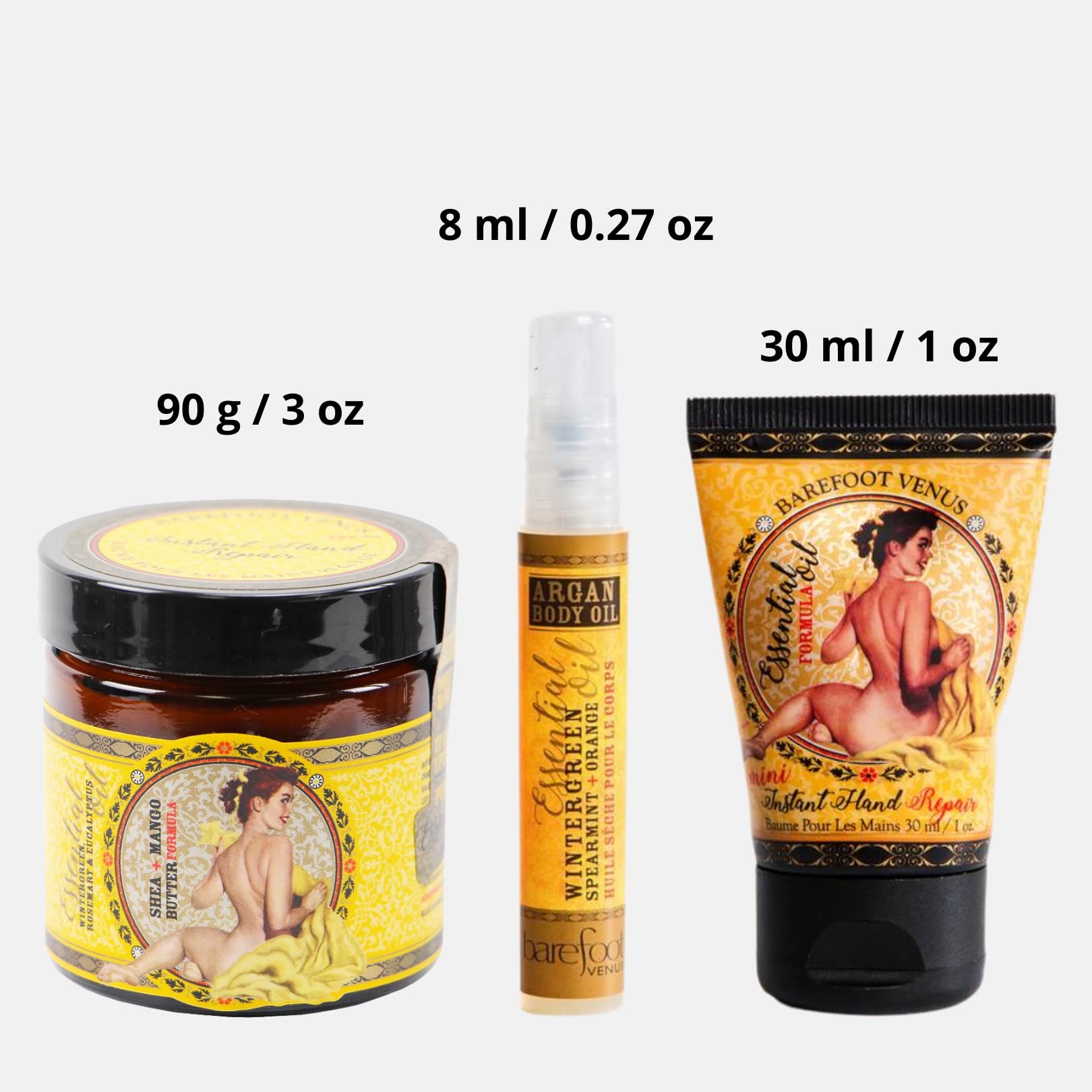 Barefoot Venus Mustard Bath Essential Oil Bundle: Instant Hand Repair (3 Oz), Mini Instant Hand Repair (1 Oz), Argan Body Oil (0