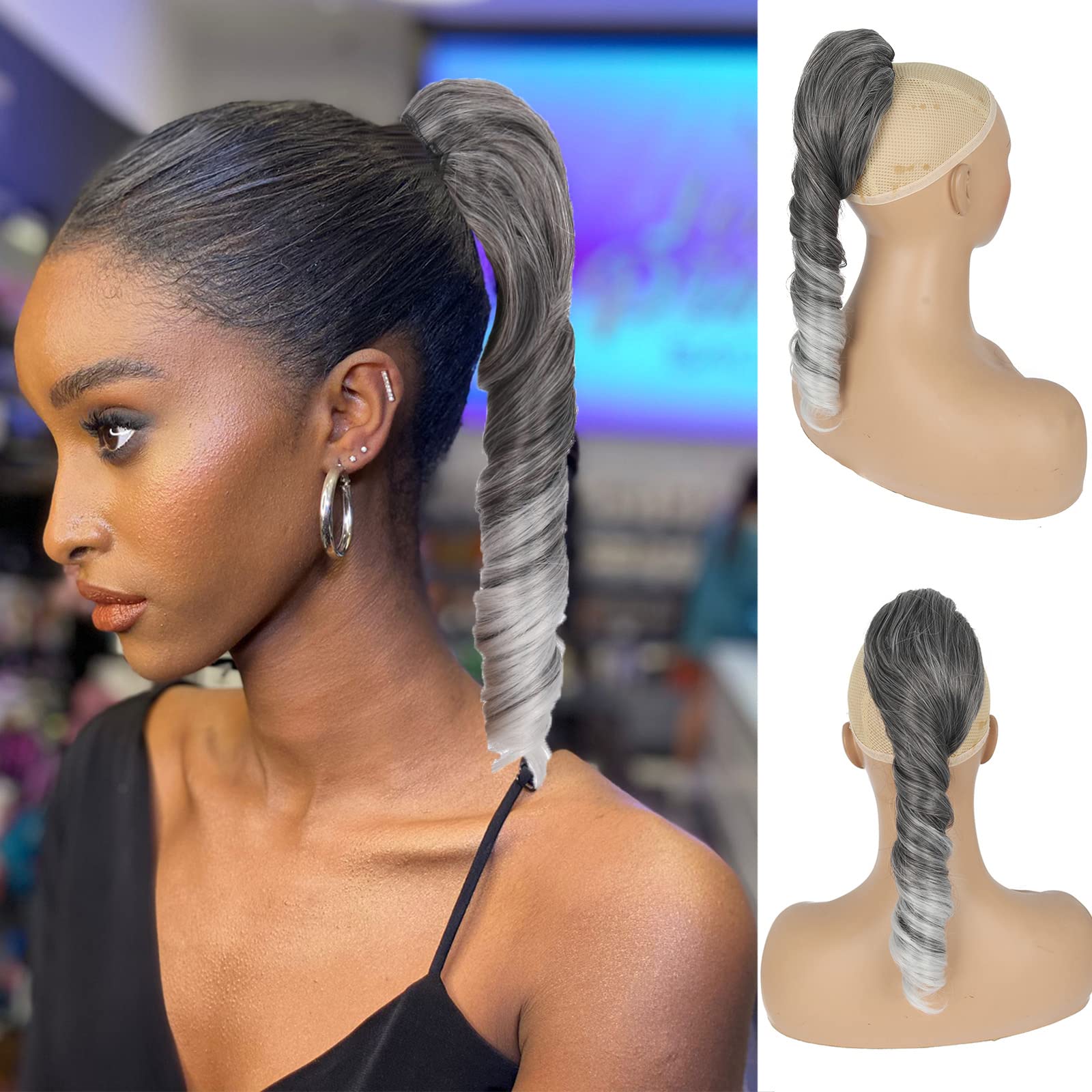 Silver Grey Ponytail Extension for Black Women Synthetic Salt & Pepper Ponytail Spiral Curly Drawstring Pony Tails, Oseti 14inch