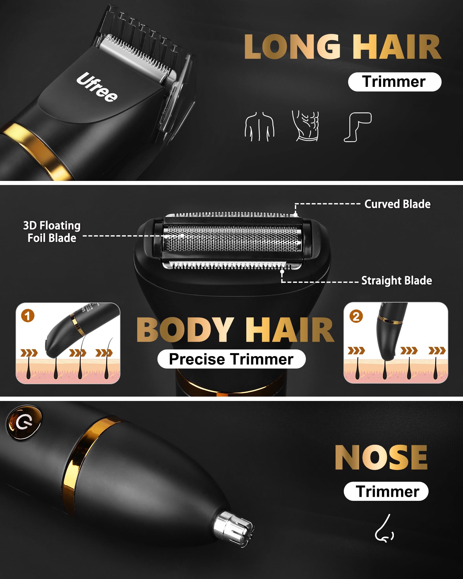 Ufree Body Hair Trimmer for Men, Manscape Ball Pubic Hair Trimmer, 3 in 1 Body Grooming Kit for Groin, Waterproof Body Electric